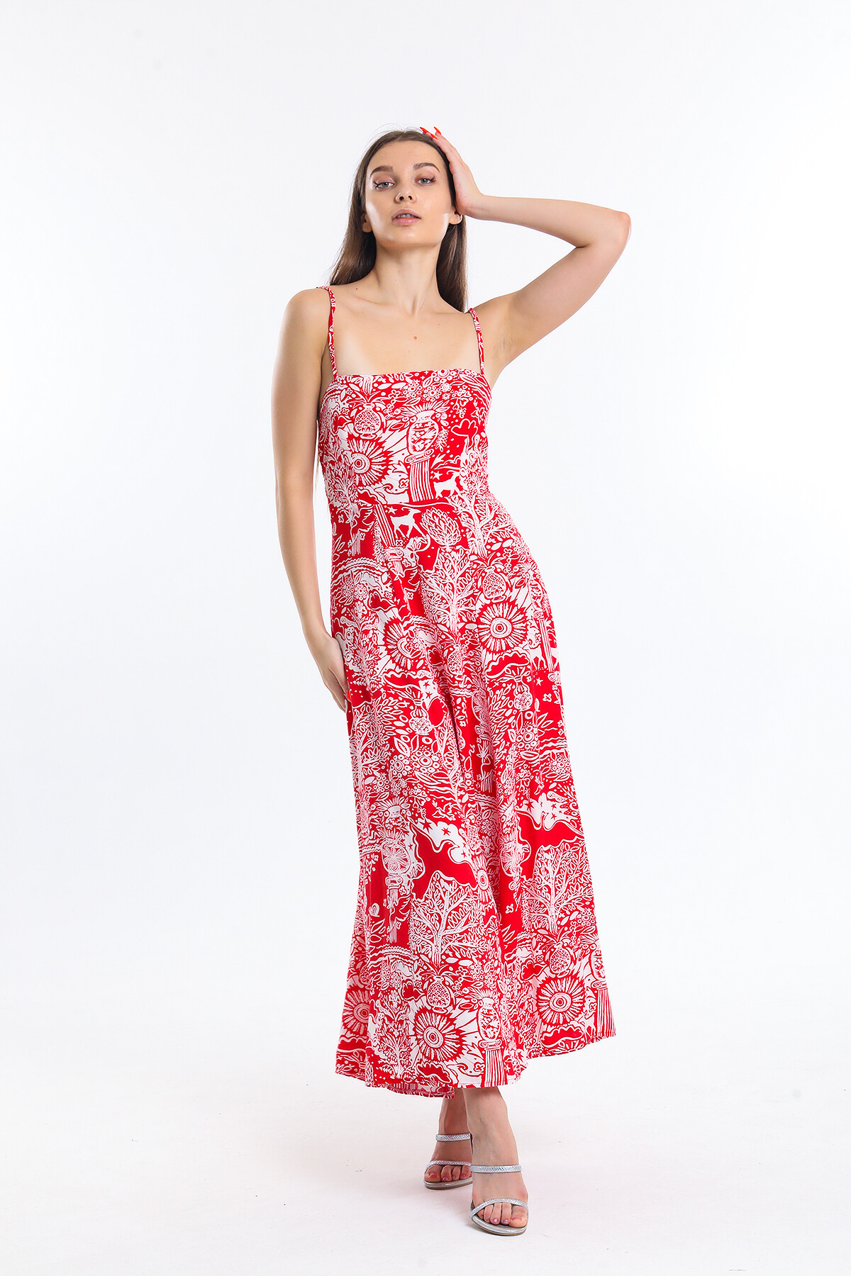 Askılı Sırtı Büzgülü Desenli Elbise