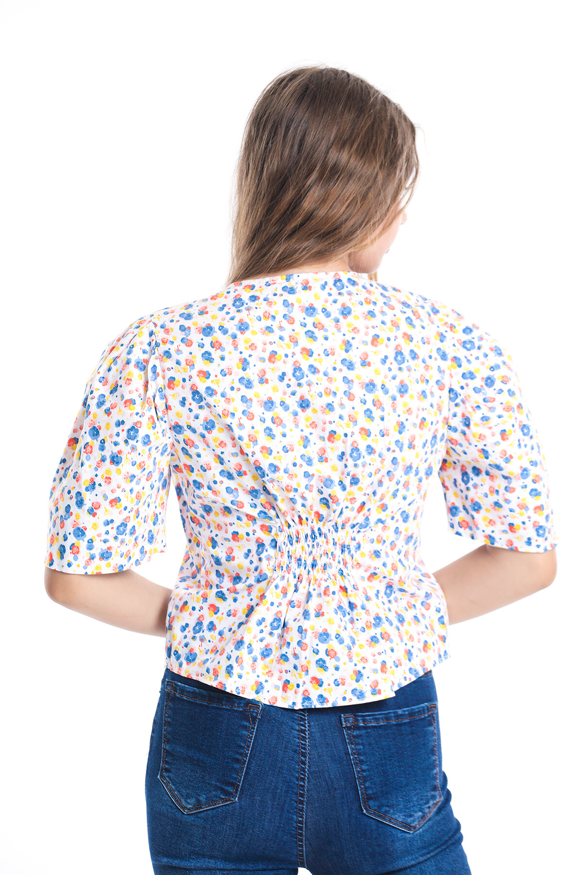 Balon Kol Önü Düğmeli Arkası Büzgülü Çiçek Desenli Bluz