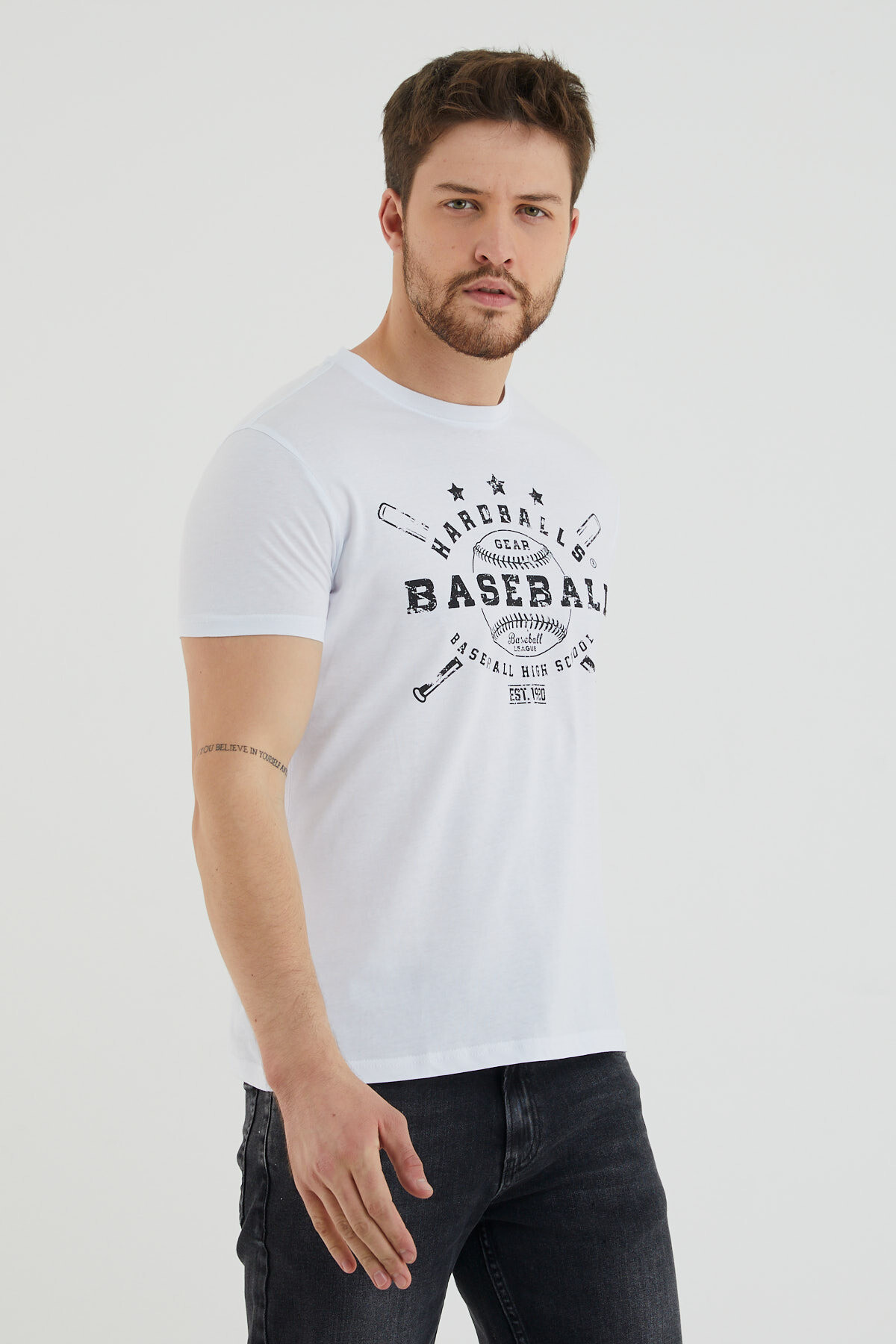 Baseball Yazı Baskılı Bisiklet Yaka Slim Fit Tshirt