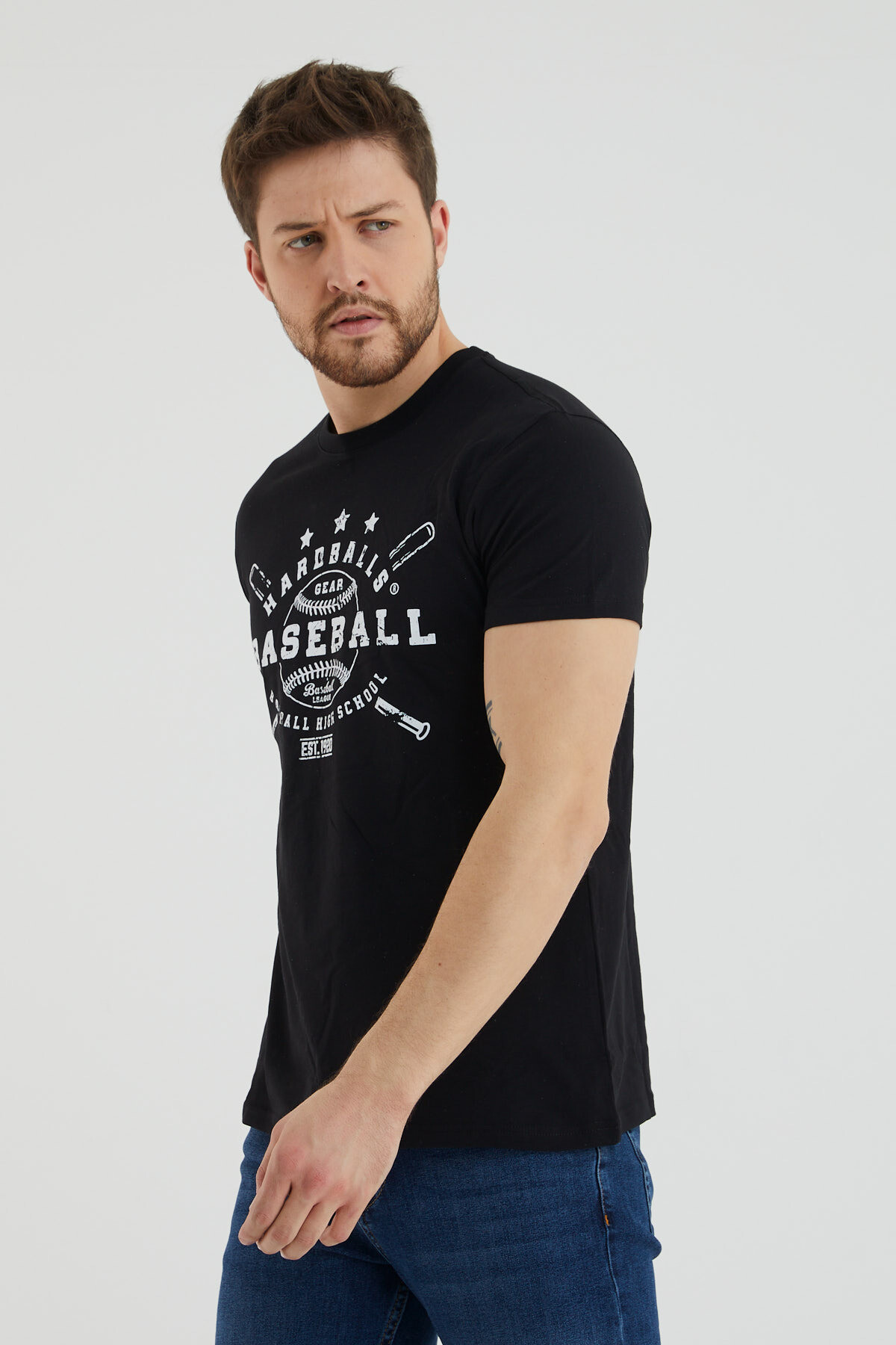 Baseball Yazı Baskılı Bisiklet Yaka Slim Fit Tshirt