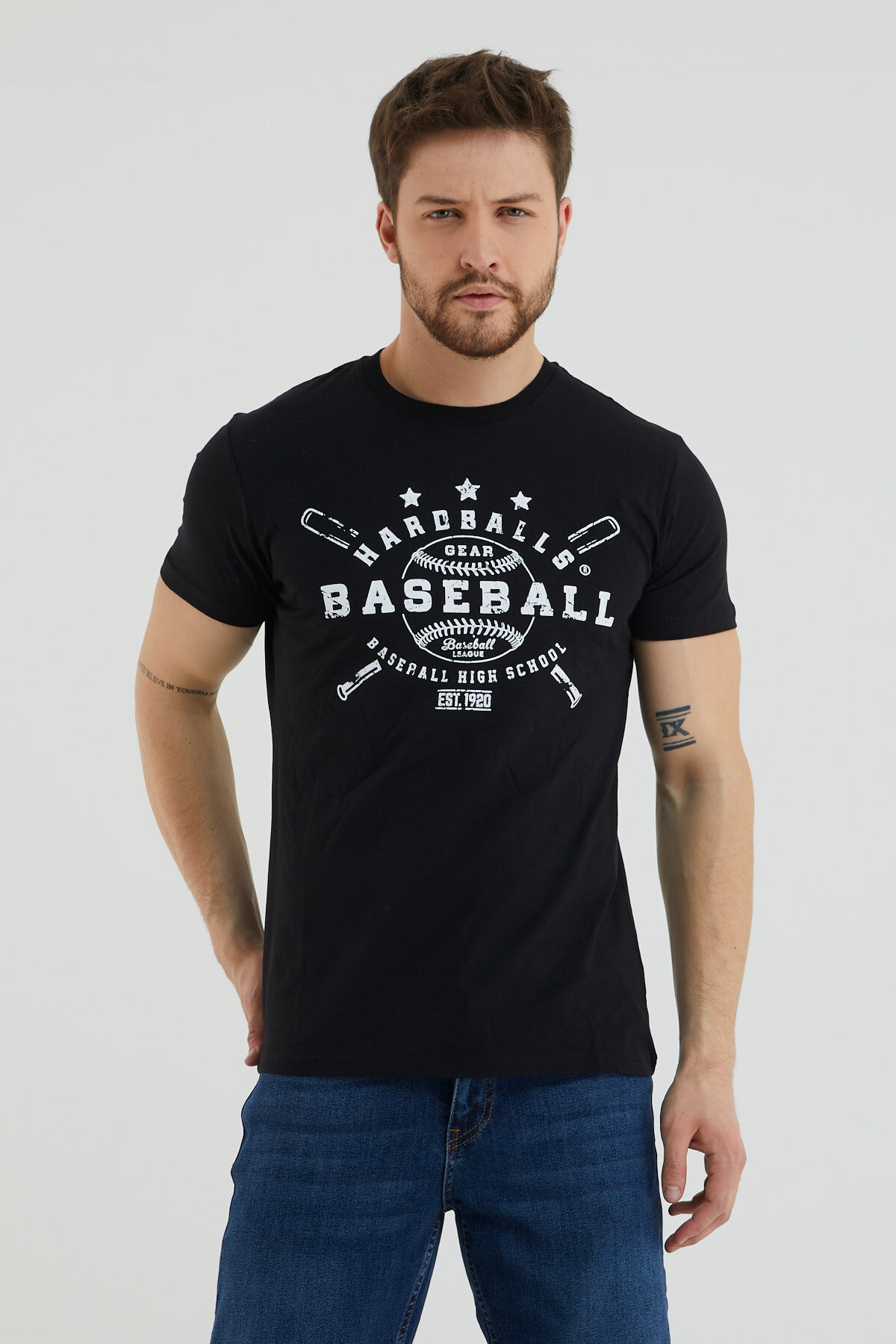 Baseball Yazı Baskılı Bisiklet Yaka Slim Fit Tshirt