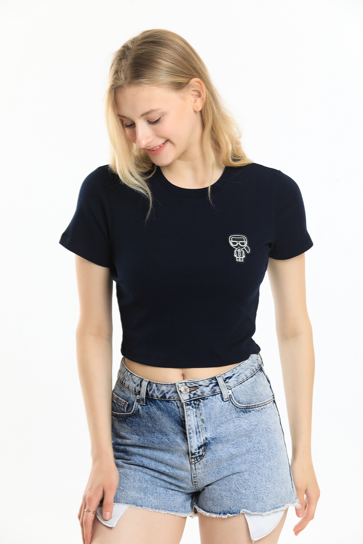 Bisiklet Yaka Armalı Kaşkorseli Crop Bluz