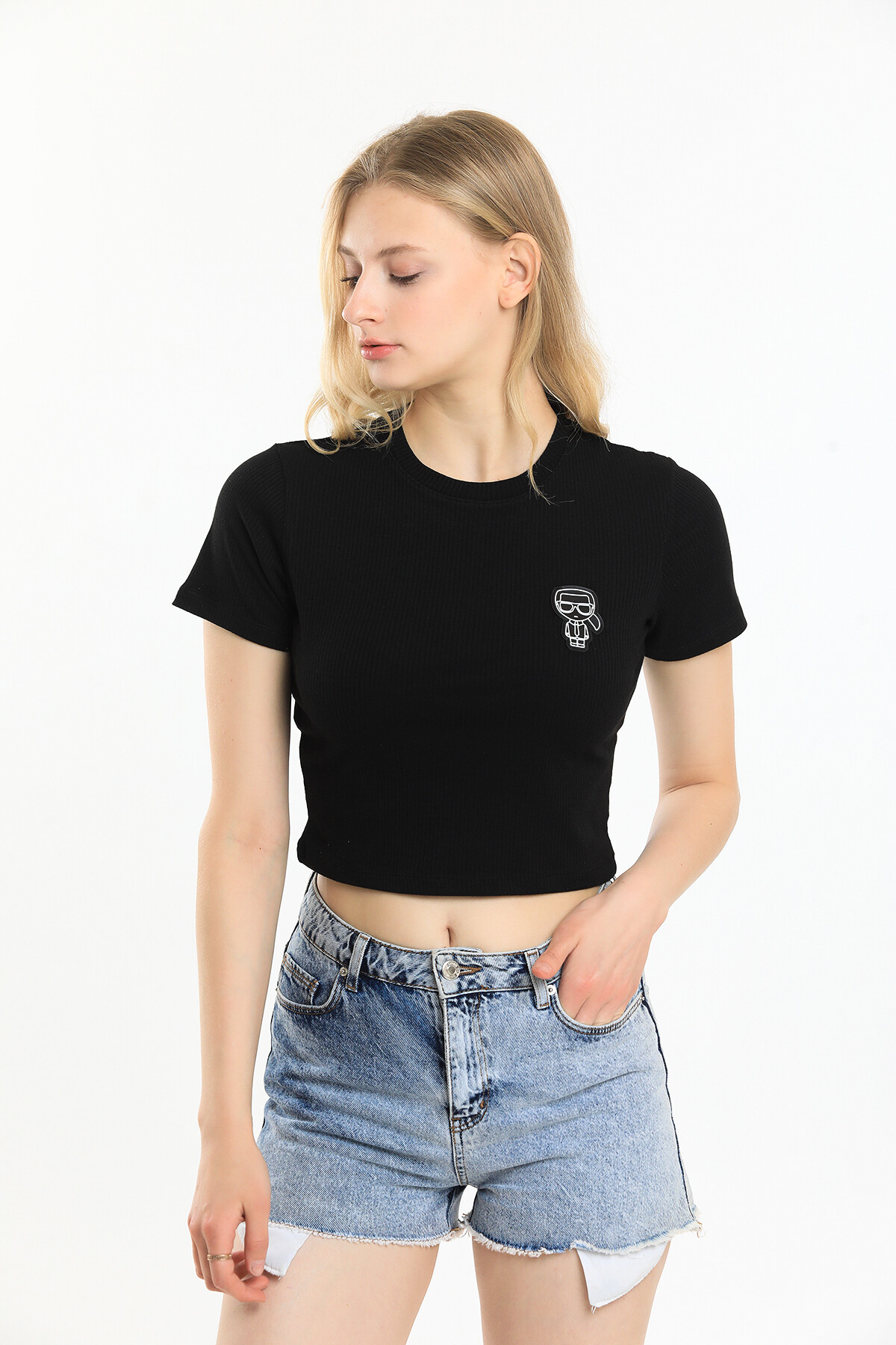 Bisiklet Yaka Armalı Kaşkorseli Crop Bluz