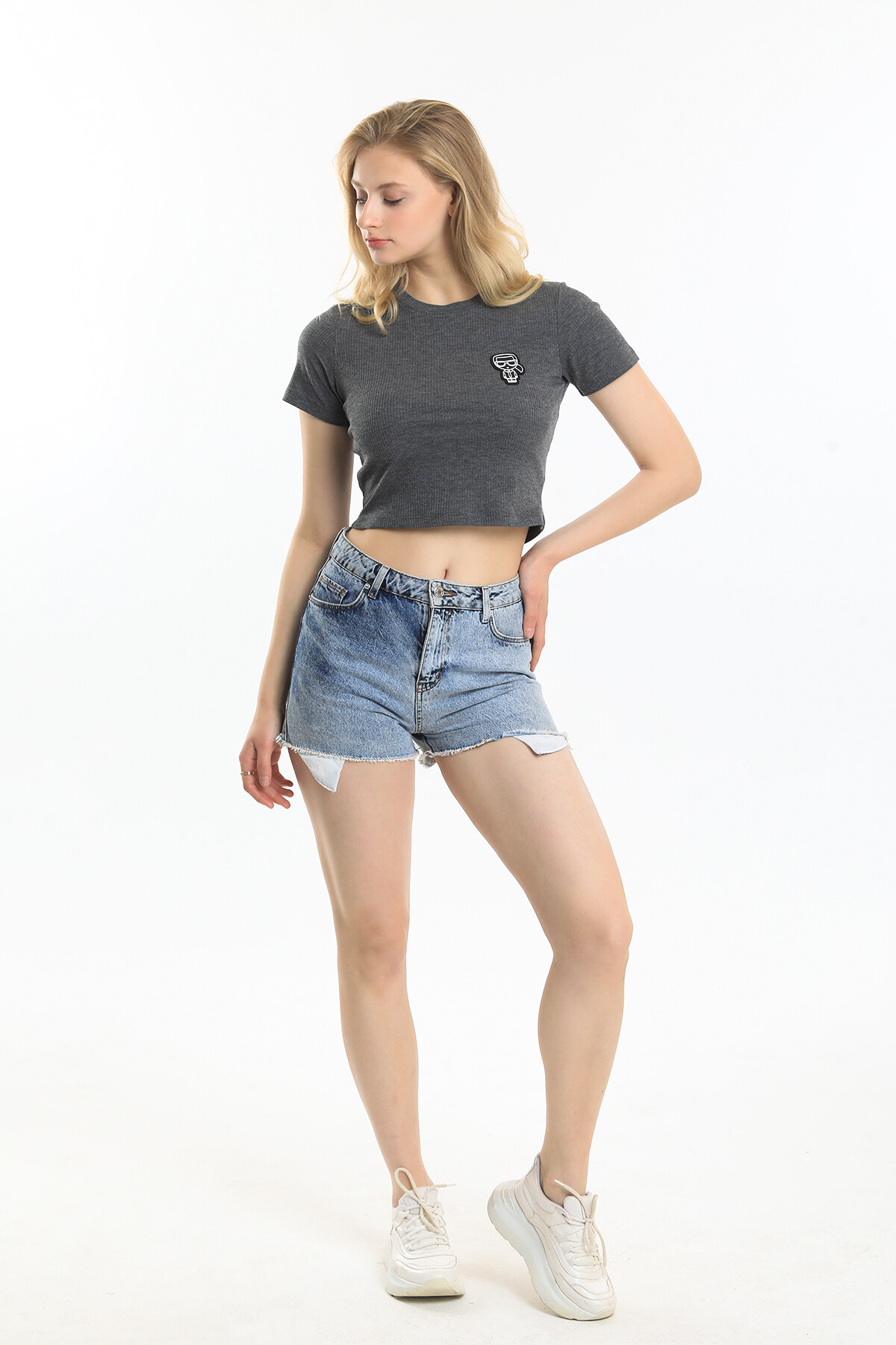 Bisiklet Yaka Armalı Kaşkorseli Crop Bluz