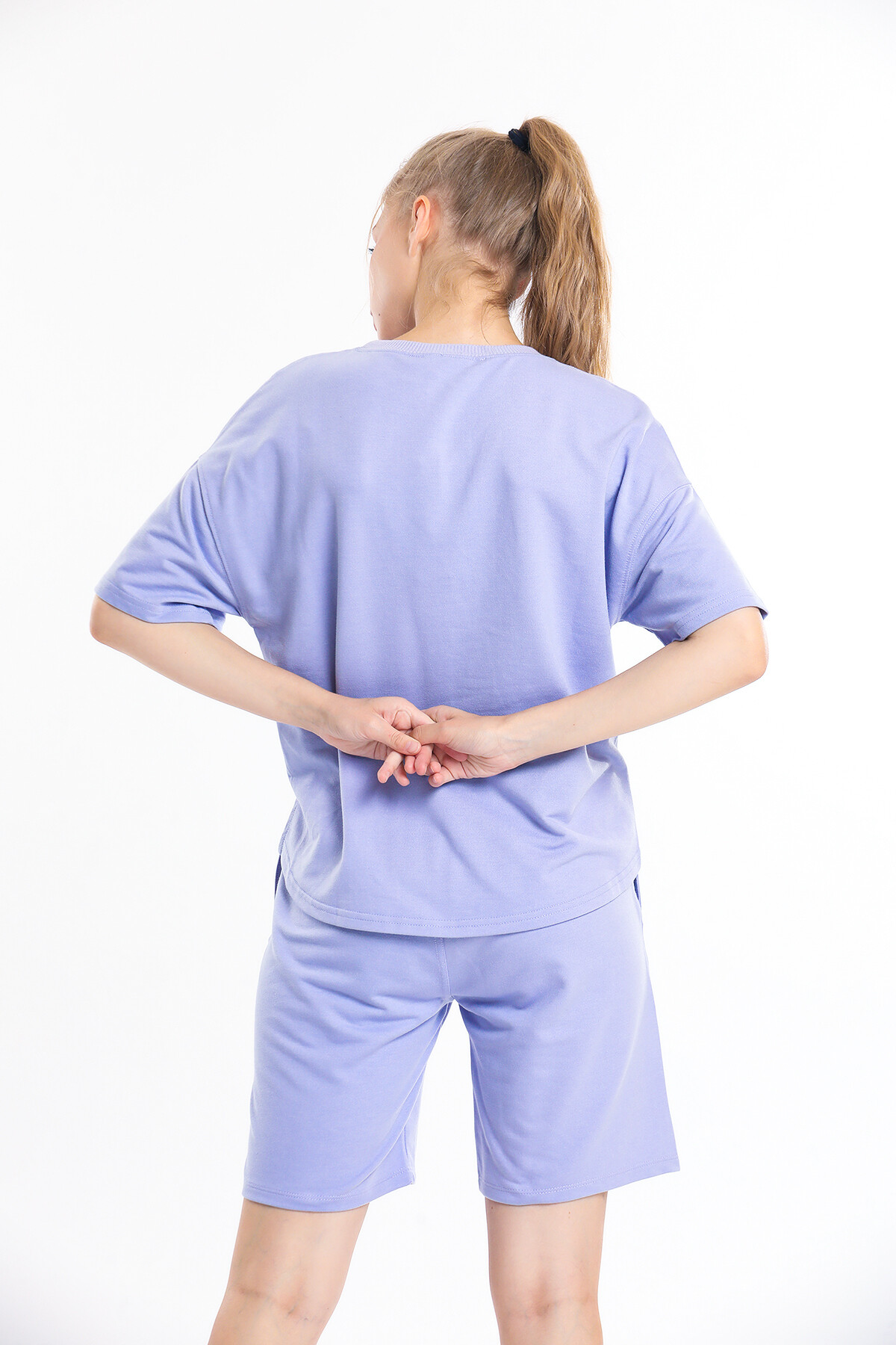 Bisiklet Yaka Eteği Yırtmaçlı Oversize Şort Takım