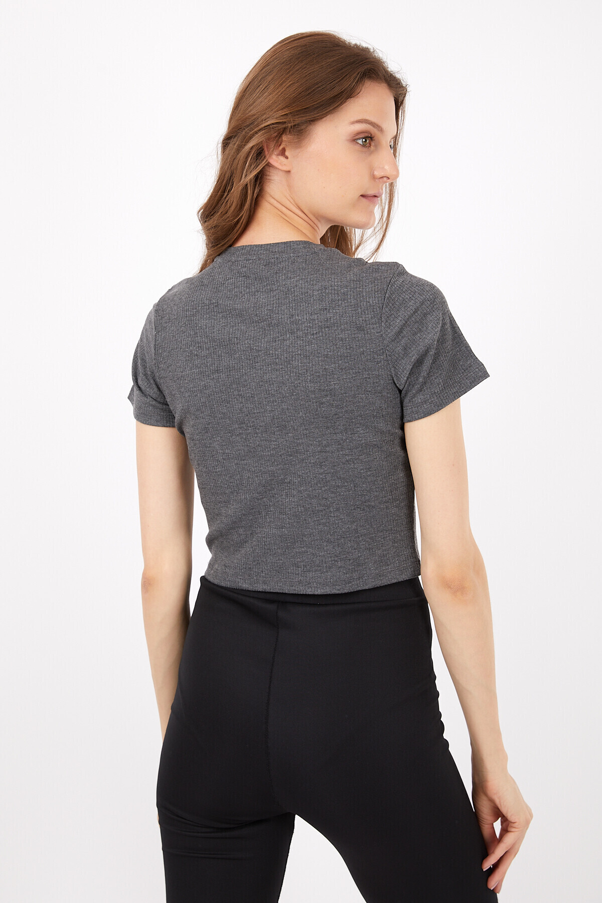 Bisiklet Yaka Kaşkorseli Kısa Kol Crop Bluz