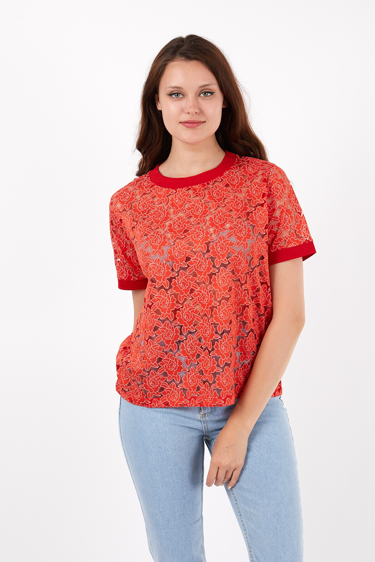 Bisiklet Yaka Kol Bandı Ribanalı Papatya Desenli Tshirt