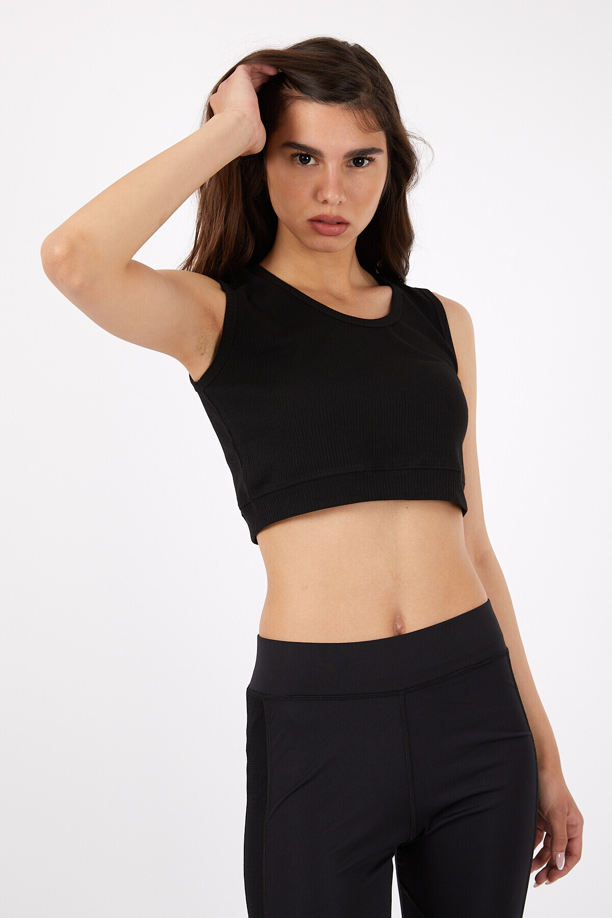 Bisiklet Yaka Kolsuz Kaşkorseli Crop Bluz