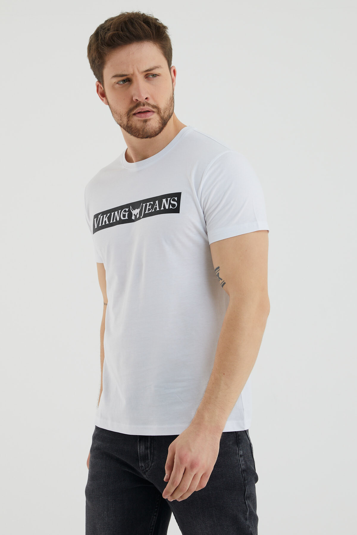 Bisiklet Yaka Viking Jeans Yazı Baskılı Tshirt