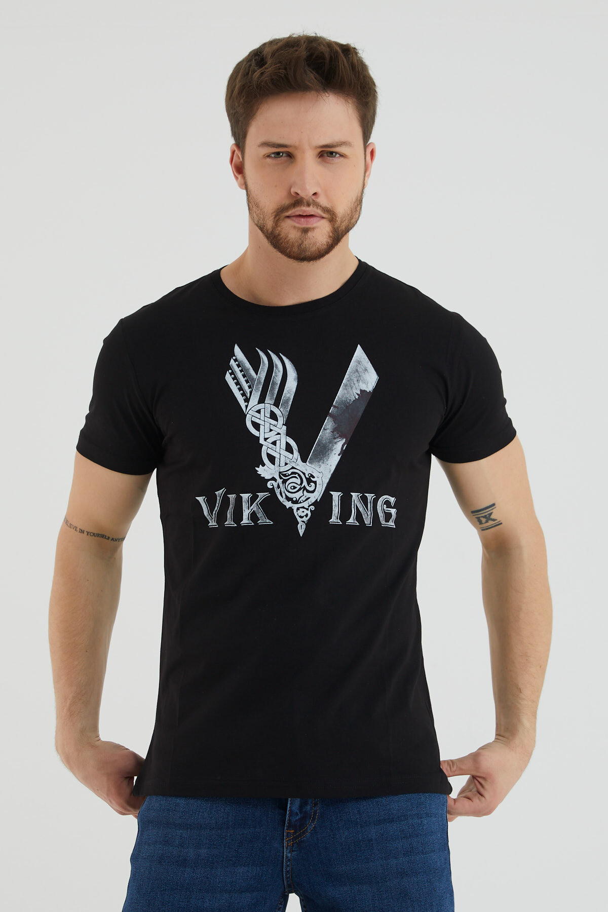 Bisiklet Yaka Viking Yazı Baskılı Tshirt