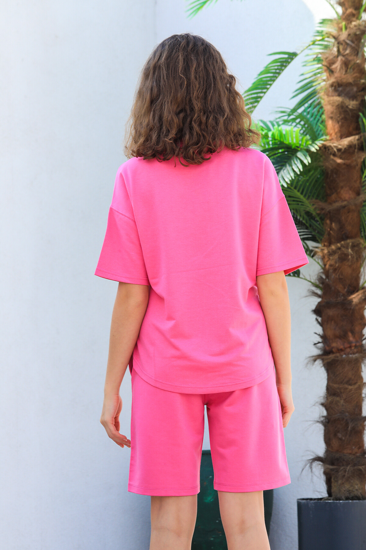 Bisiklet Yaka Yarasa Kol Baskılı Oversize Şort Takım