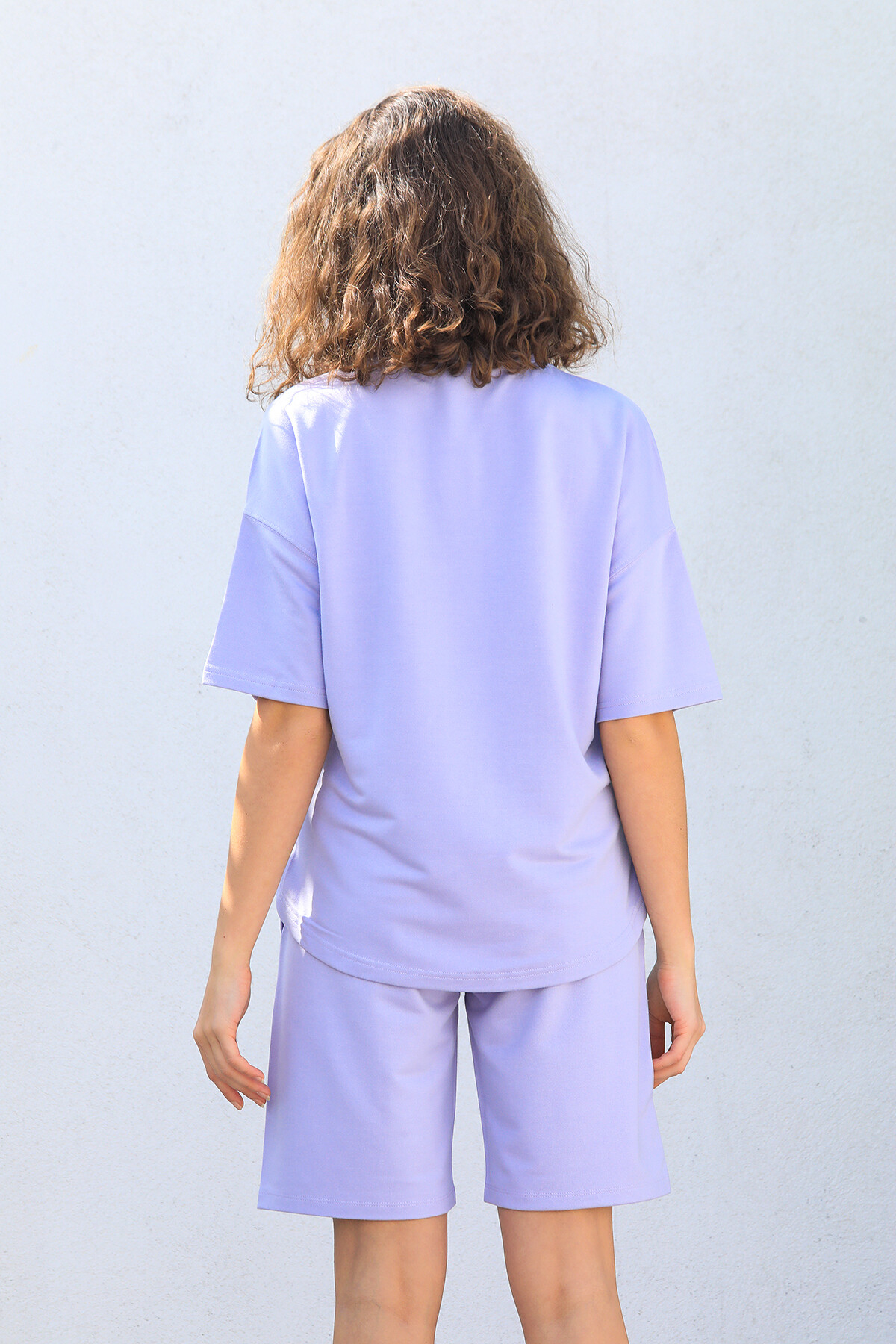 Bisiklet Yaka Yarasa Kol Baskılı Oversize Şort Takım