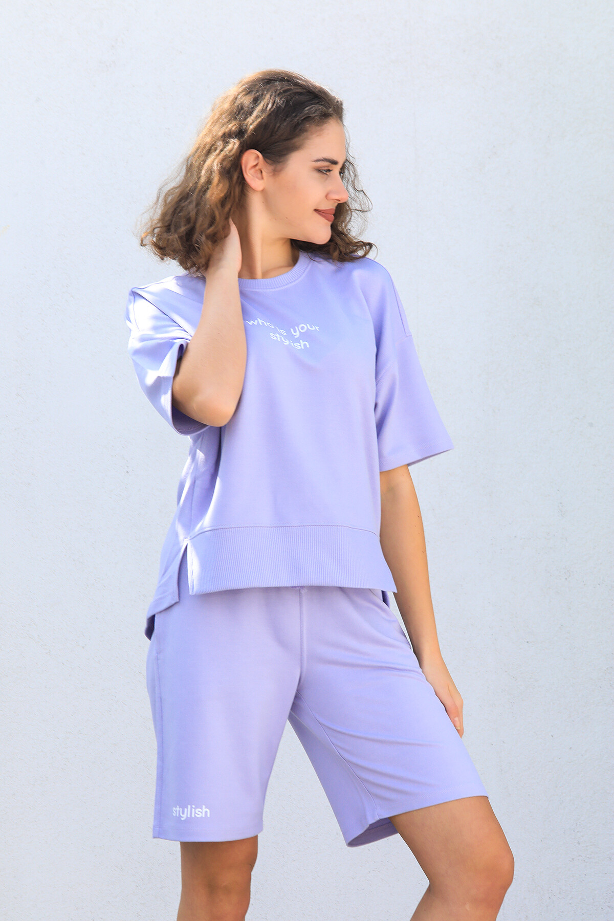 Bisiklet Yaka Yarasa Kol Baskılı Oversize Şort Takım