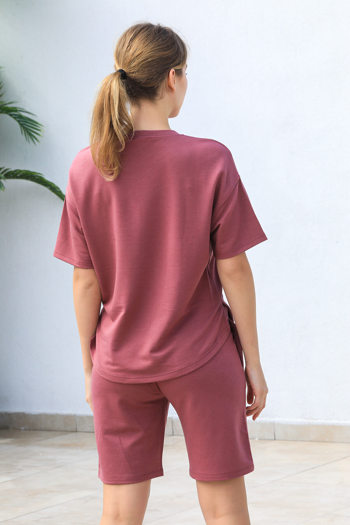 Bisiklet Yaka Yarasa Kol Baskılı Oversize Şort Takım