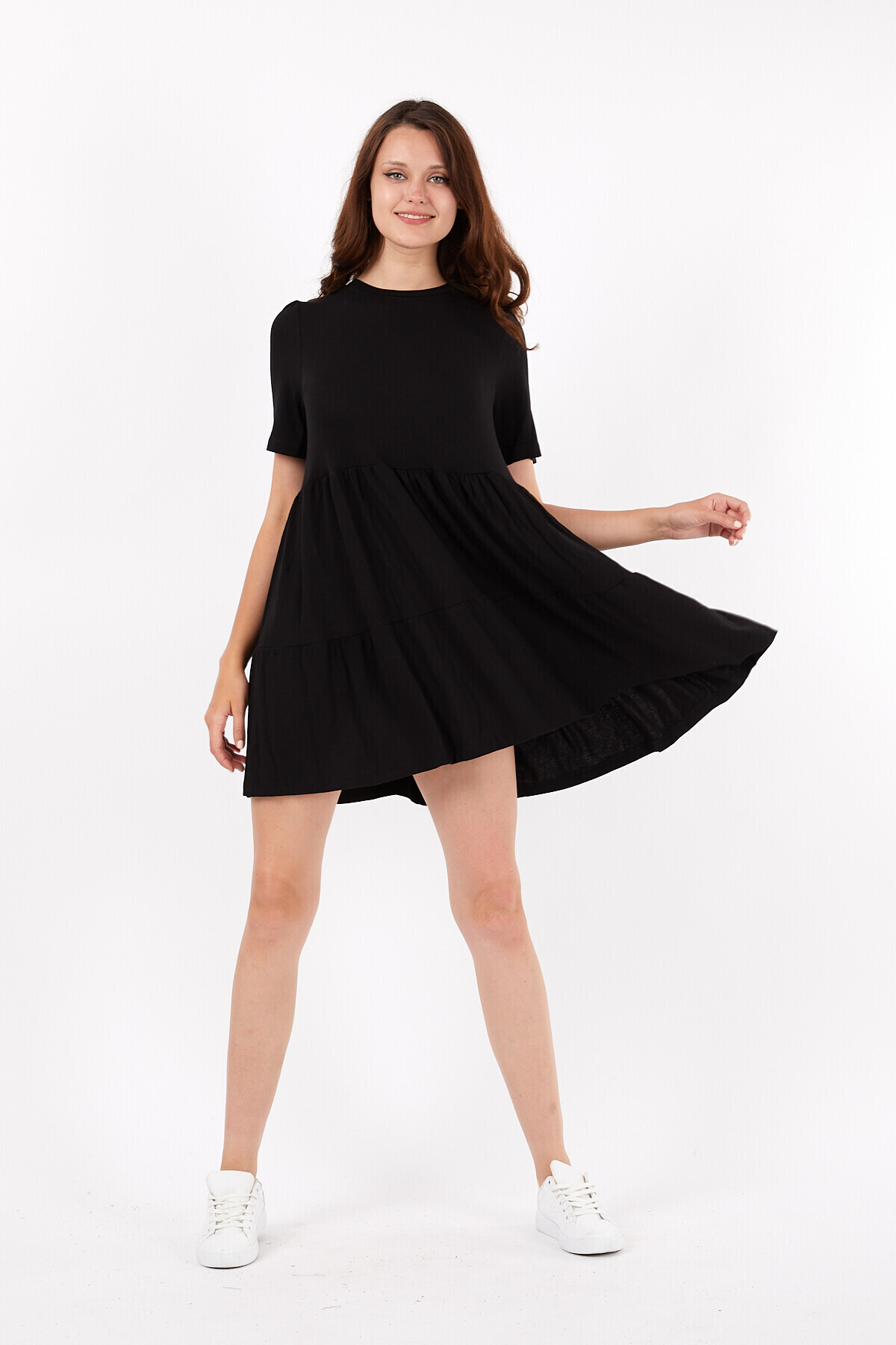 Bisiklet Yaka Yarım Kol Pileli Kısa Elbise