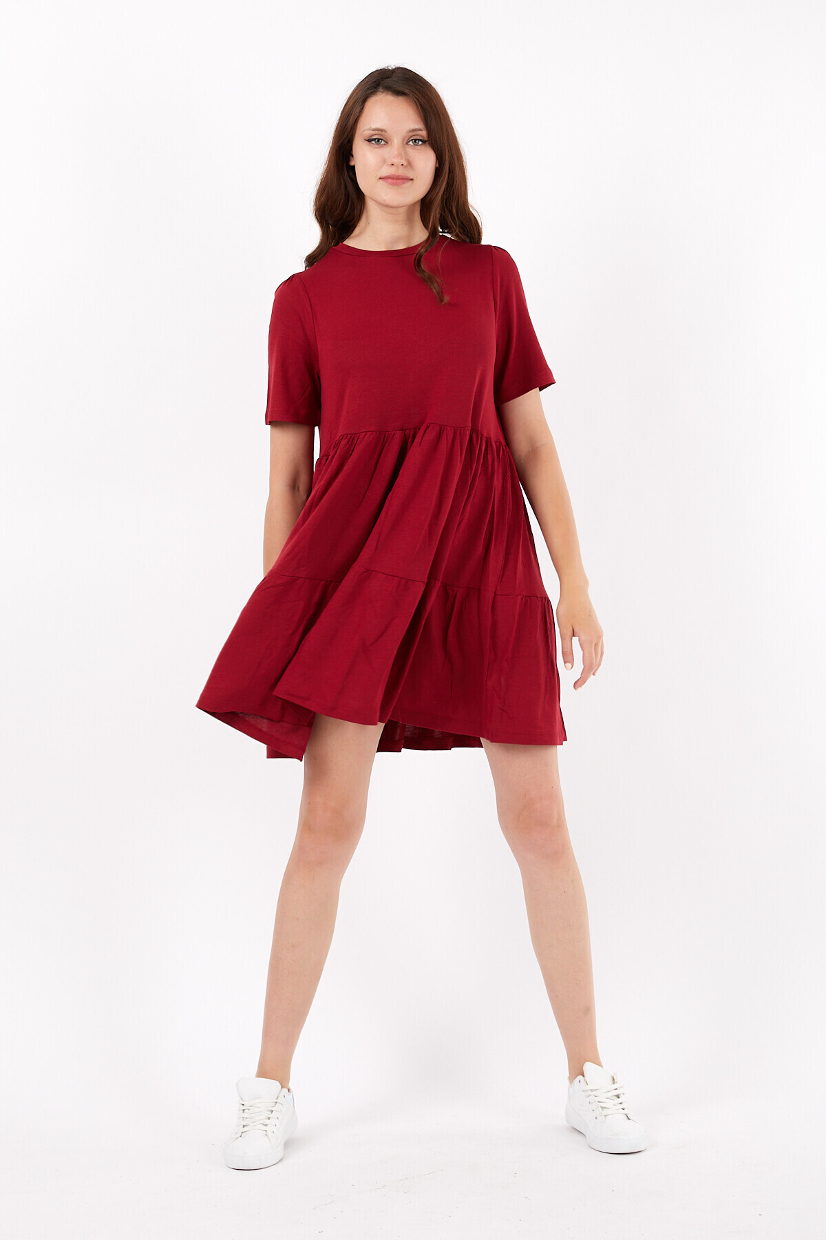 Bisiklet Yaka Yarım Kol Pileli Kısa Elbise