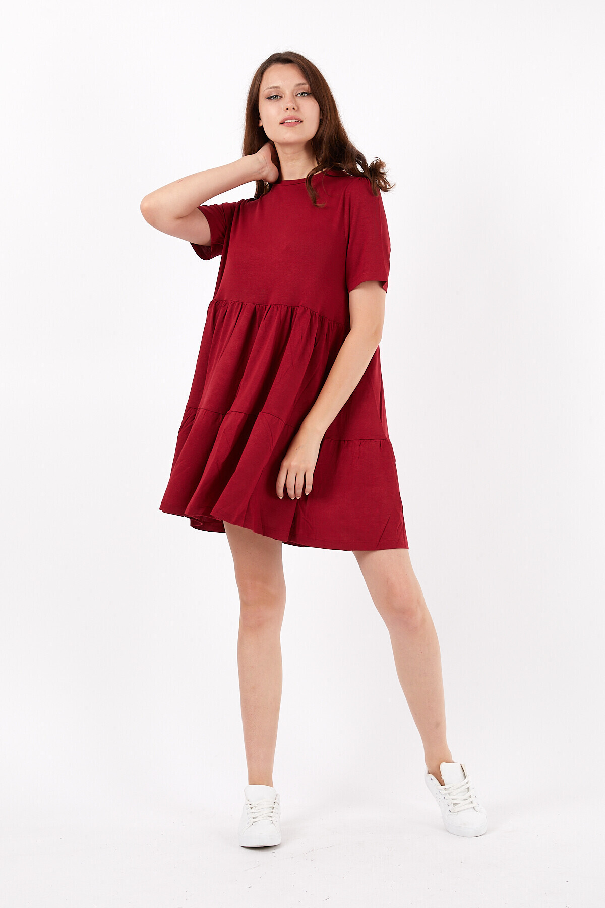 Bisiklet Yaka Yarım Kol Pileli Kısa Elbise