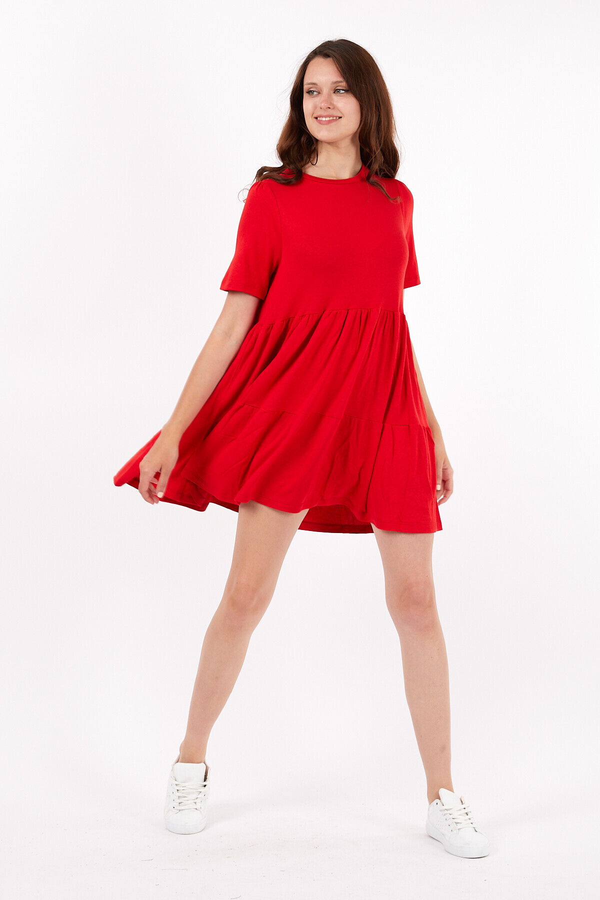 Bisiklet Yaka Yarım Kol Pileli Kısa Elbise