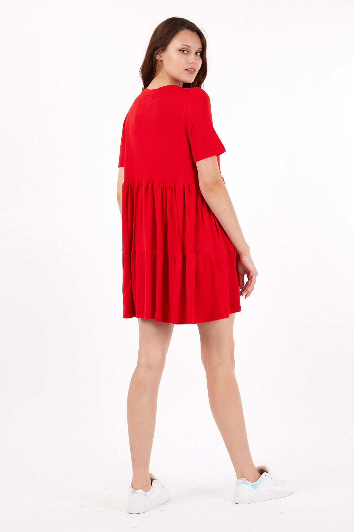 Bisiklet Yaka Yarım Kol Pileli Kısa Elbise