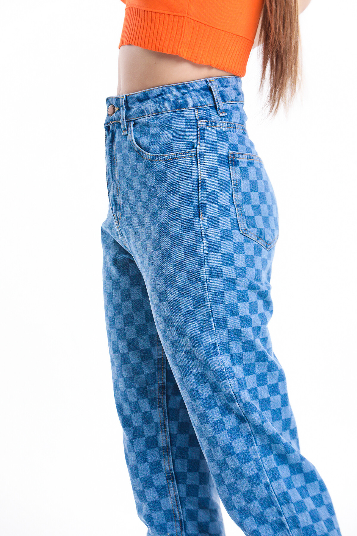 Cepli Kare Desenli Yüksek Bel Kot Pantolon