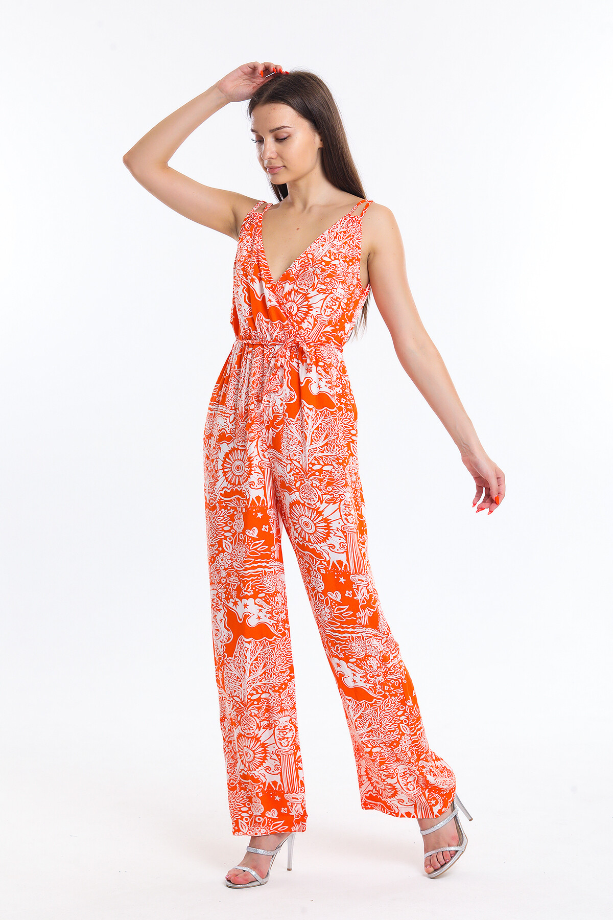 Çift Askılı Desenli Belden Bağlamalı Tulum