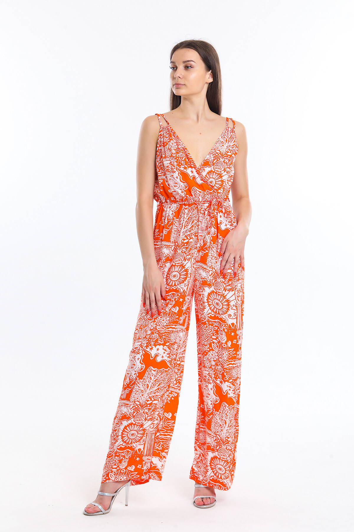 Çift Askılı Desenli Belden Bağlamalı Tulum