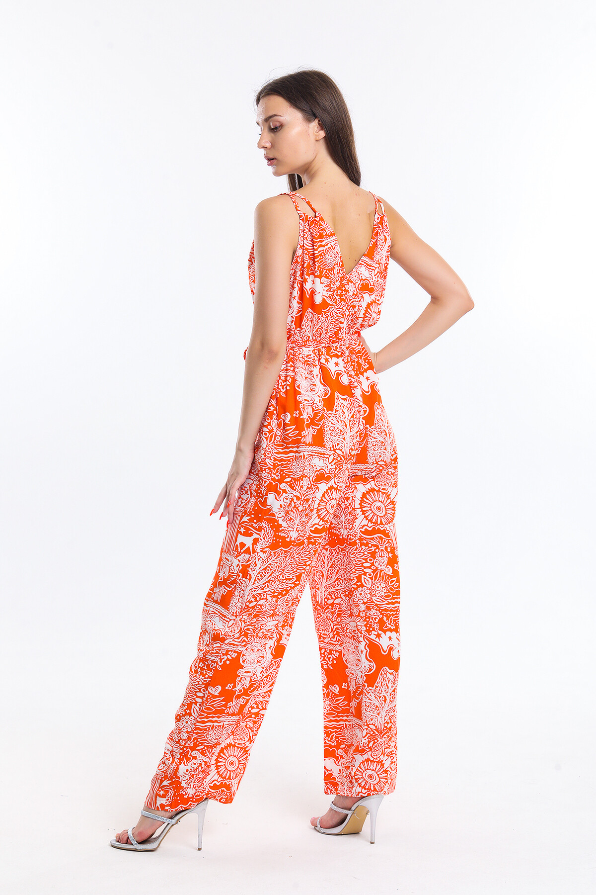 Çift Askılı Desenli Belden Bağlamalı Tulum