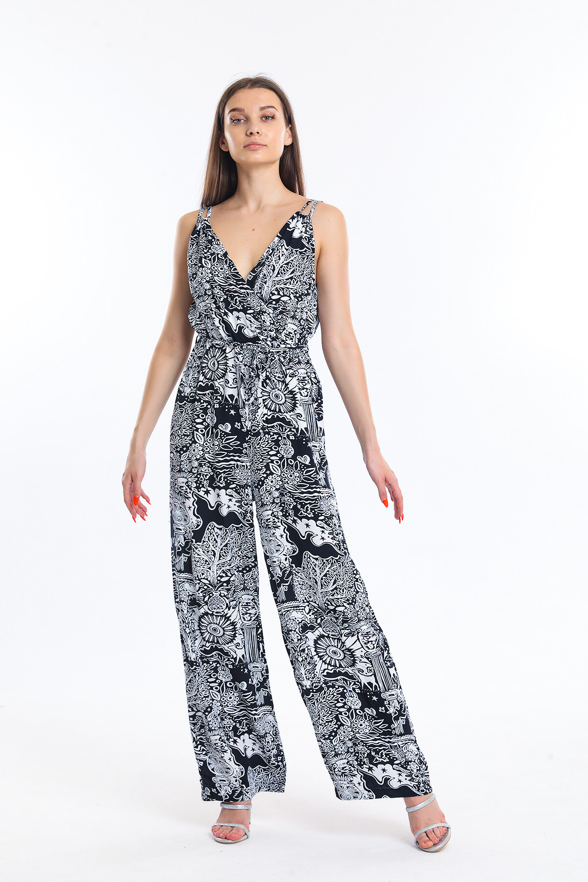 Çift Askılı Desenli Belden Bağlamalı Tulum