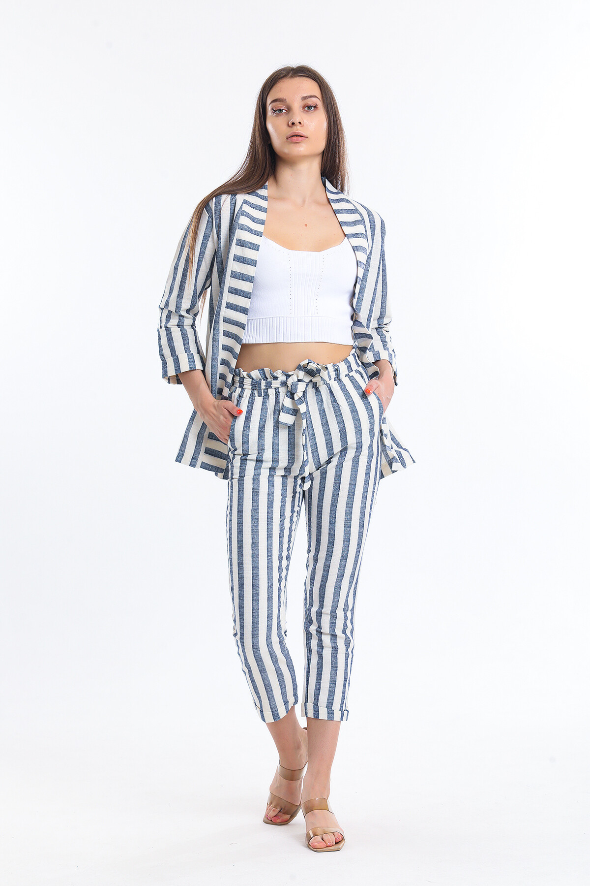 Çizgili Keten Pijama Takım