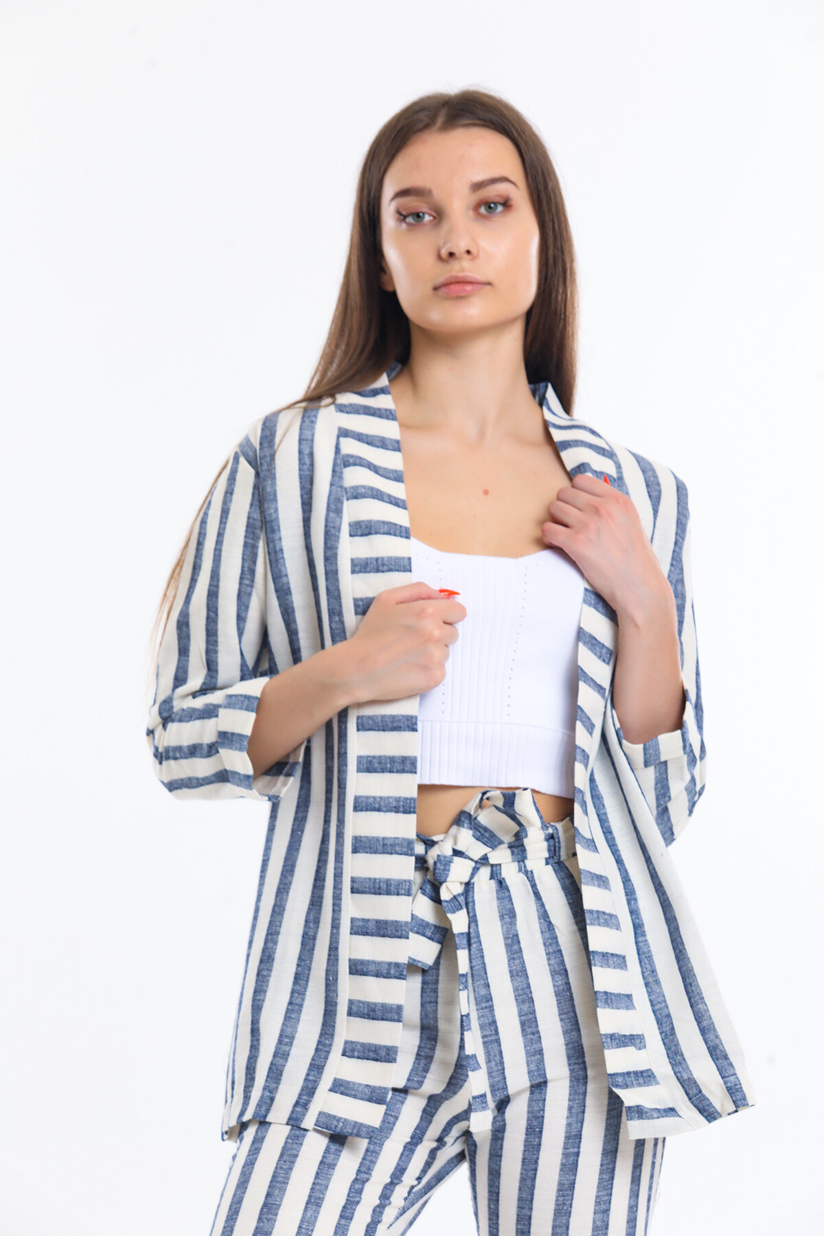 Çizgili Keten Pijama Takım