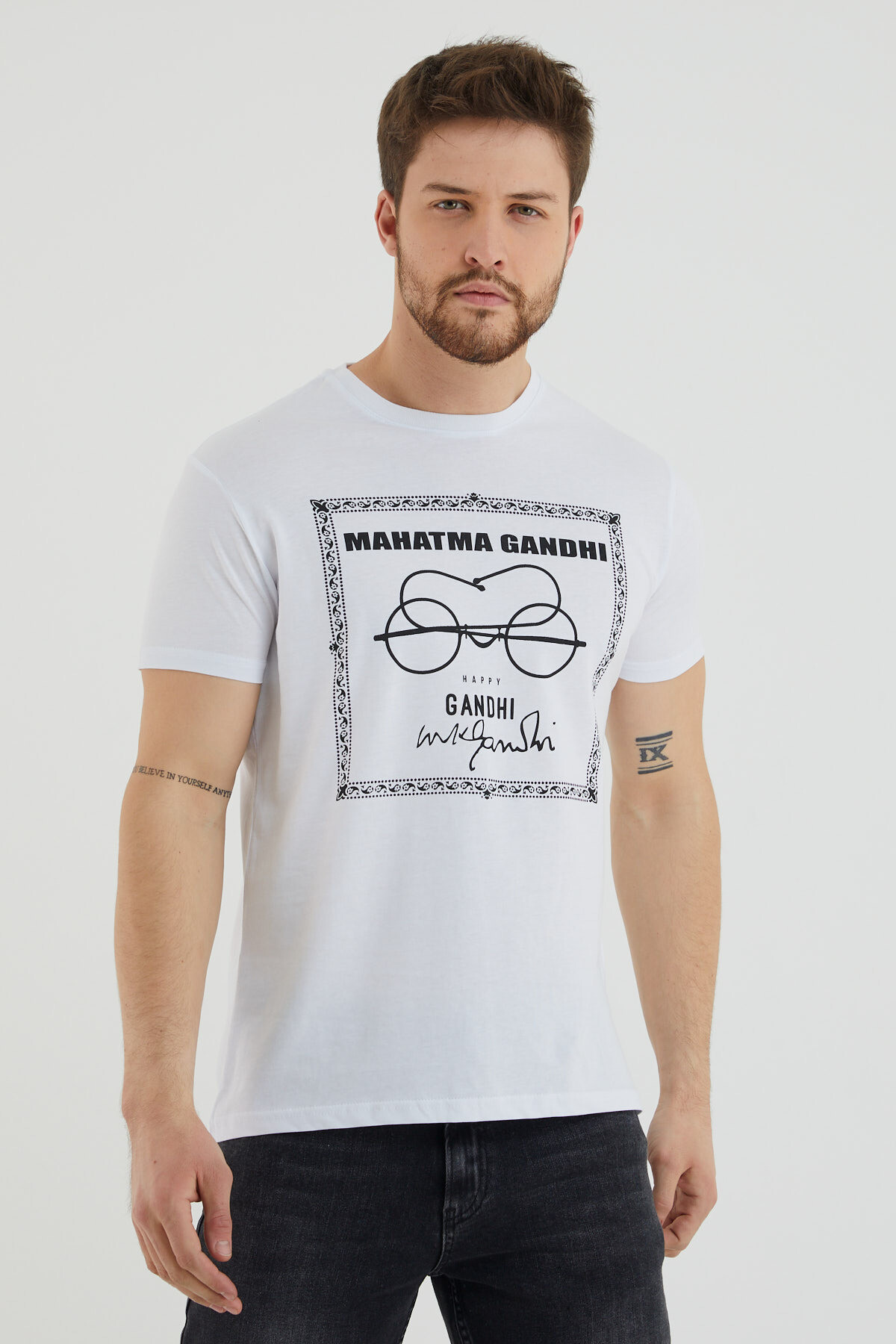 Gözlük Baskılı Bisiklet Yaka Battal Tshirt