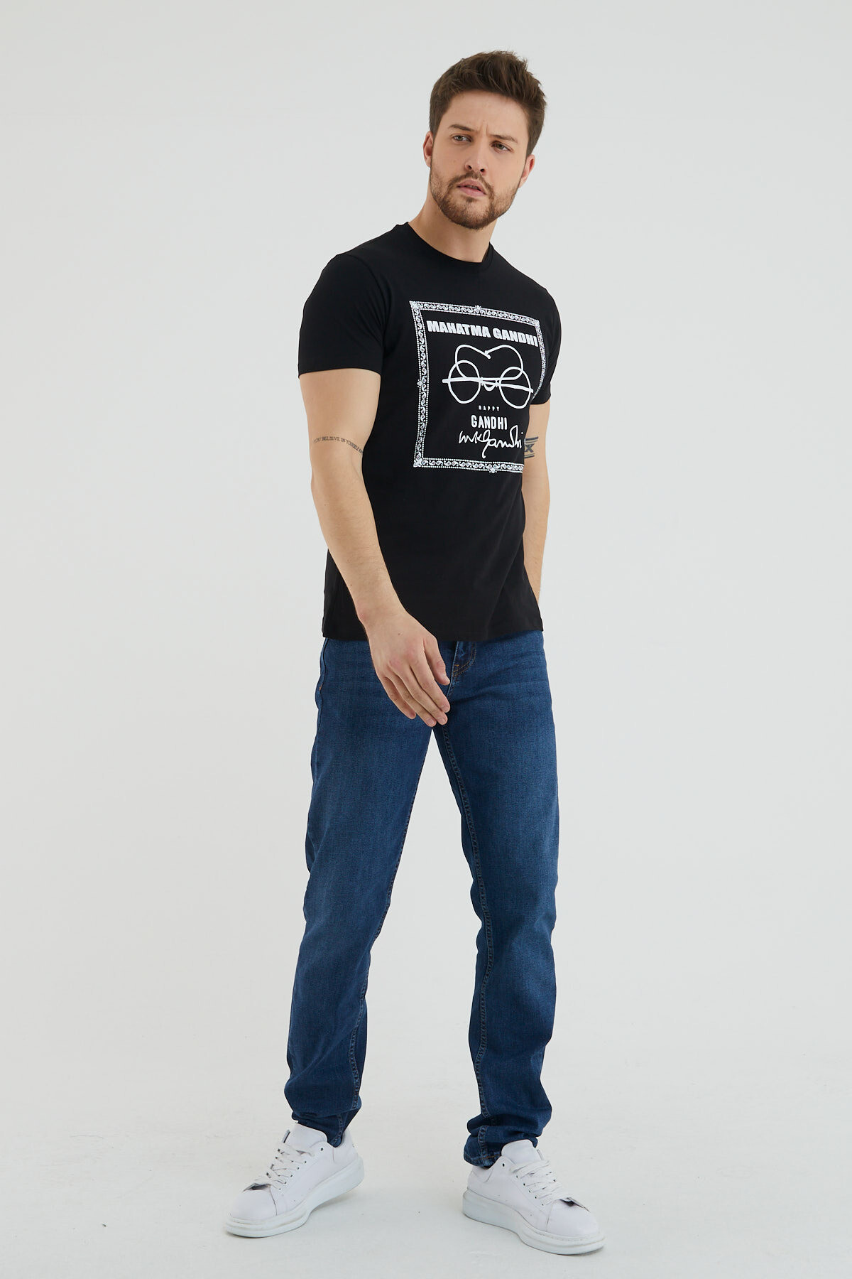 Gözlük Baskılı Bisiklet Yaka Slim Fit Tshirt