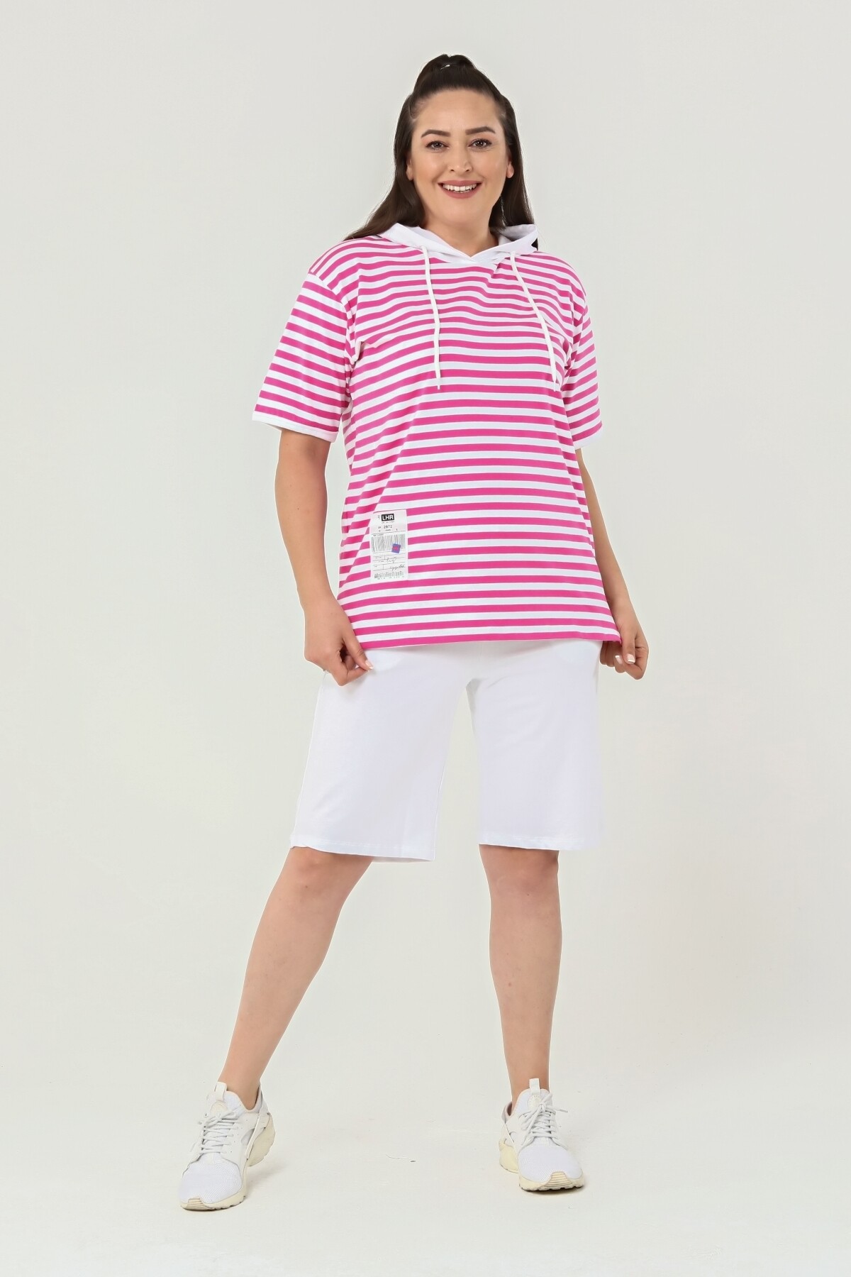 Kapuşonlu Çizgili Büyük Beden Şort Takım