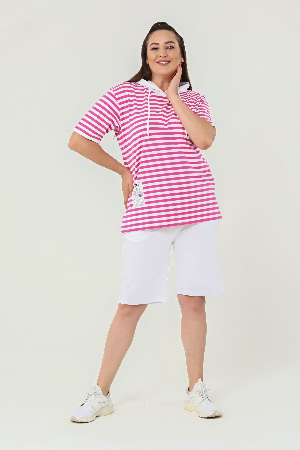 Kapuşonlu Çizgili Büyük Beden Şort Takım