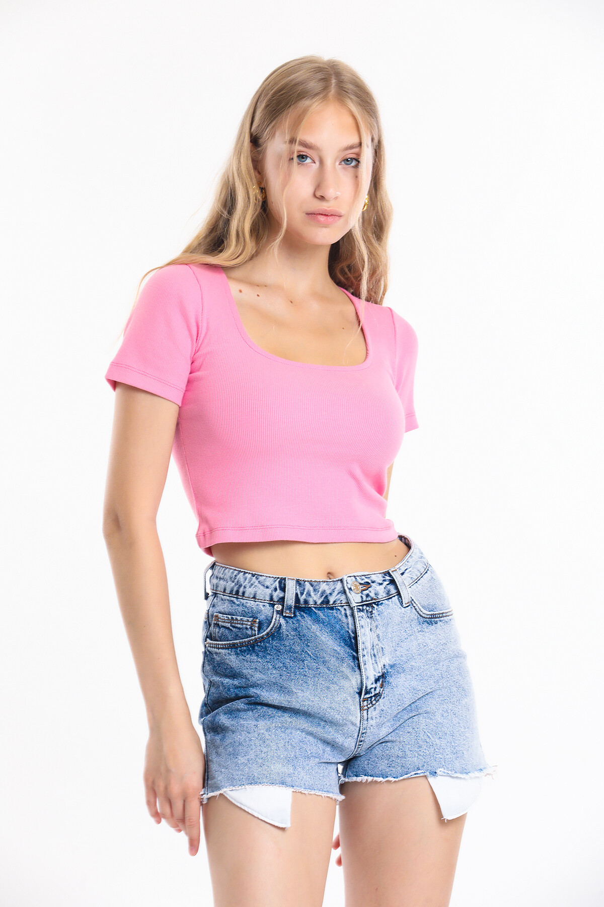 Kare Yaka Fitilli Crop Bluz