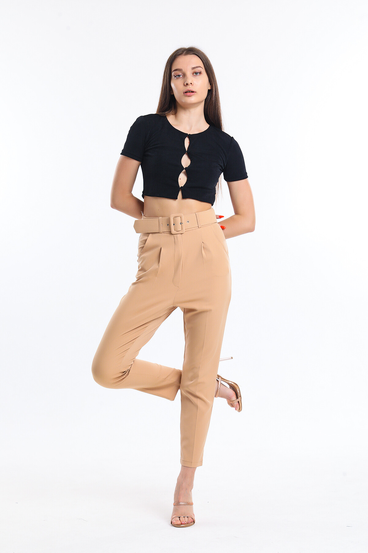 Kemerli Bilek Boy Kumaş Pantolon