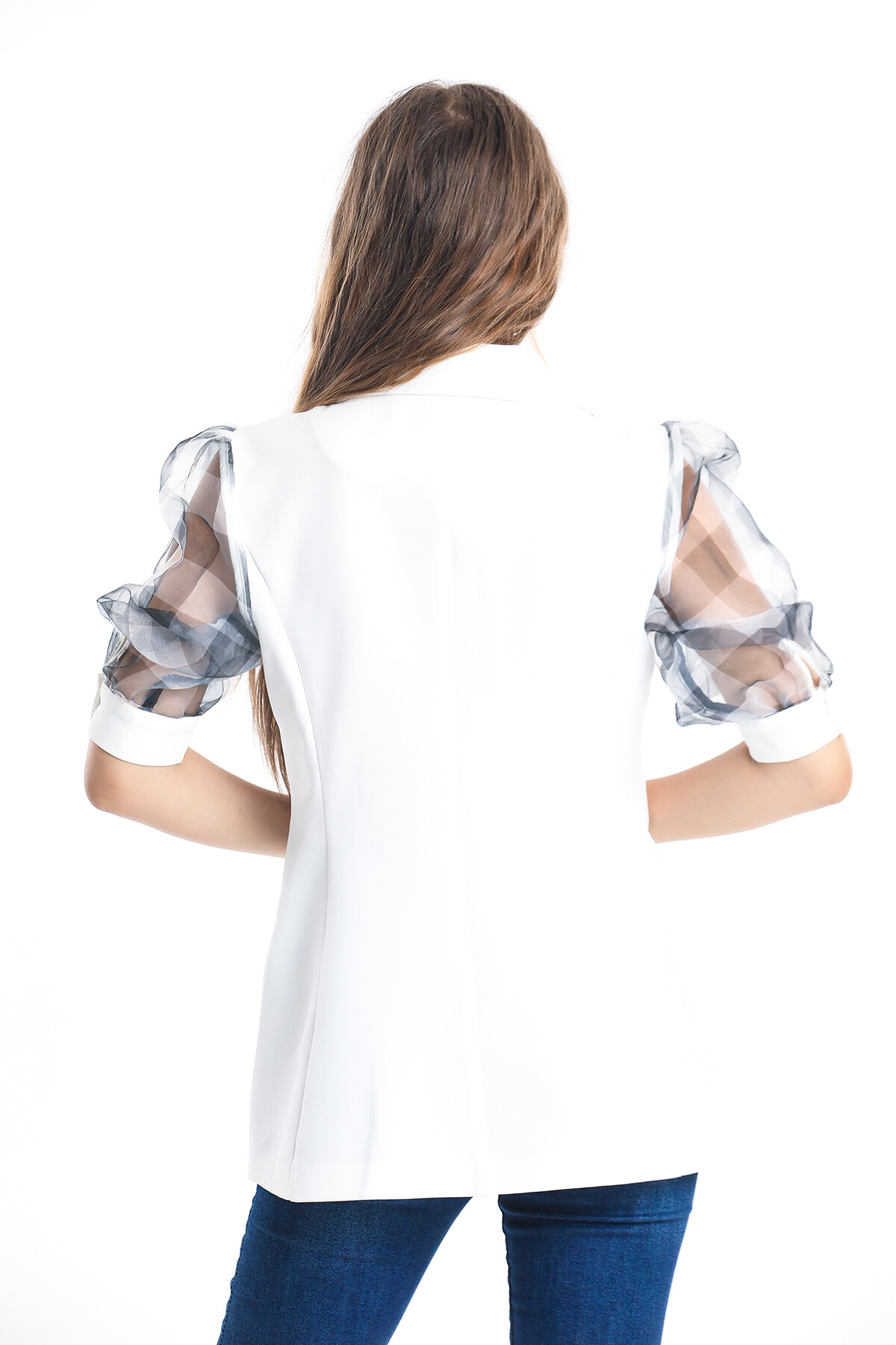 Kolları Transparanlı Gizli Cepli Düğmeli Balon Kol Blazer Ceket