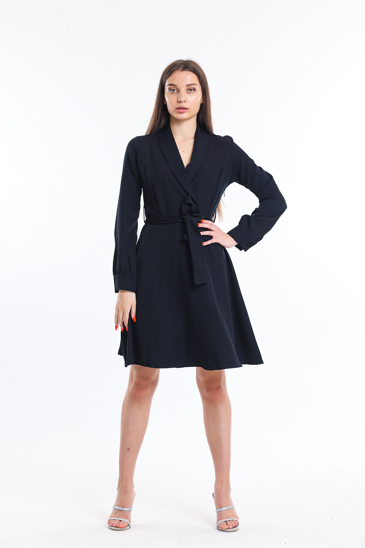 Kruvaze Yaka Yanı Fermuarlı Kuşaklı Uzun Kol Kısa Elbise