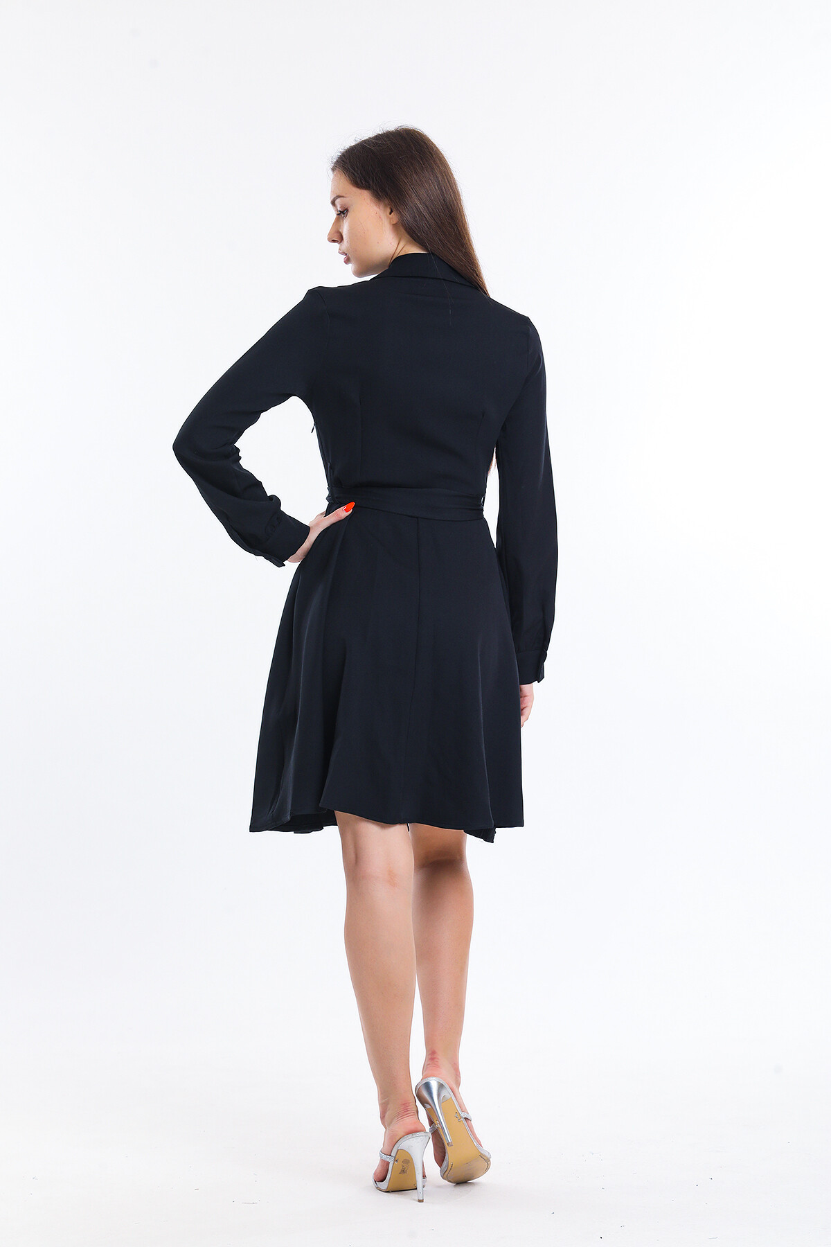 Kruvaze Yaka Yanı Fermuarlı Kuşaklı Uzun Kol Kısa Elbise