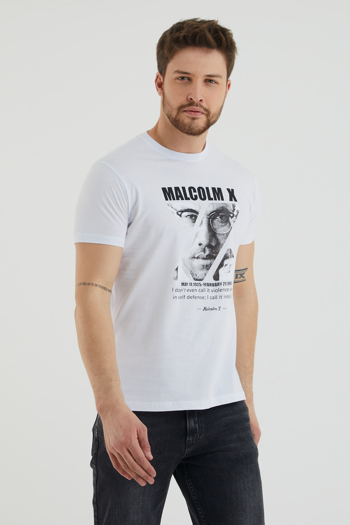 Malcolm X Baskılı Bisiklet Yaka Battal Tshirt