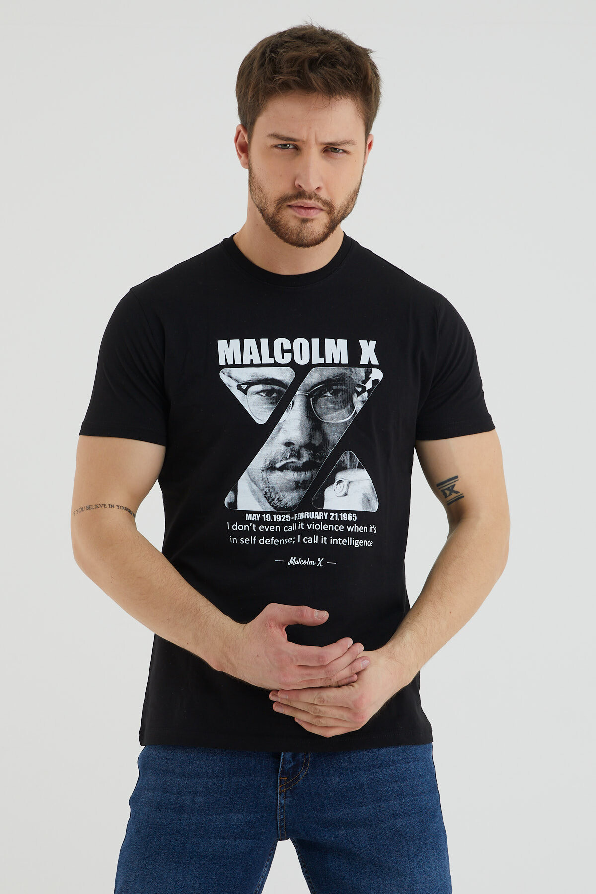 Malcolm X Baskılı Bisiklet Yaka Battal Tshirt