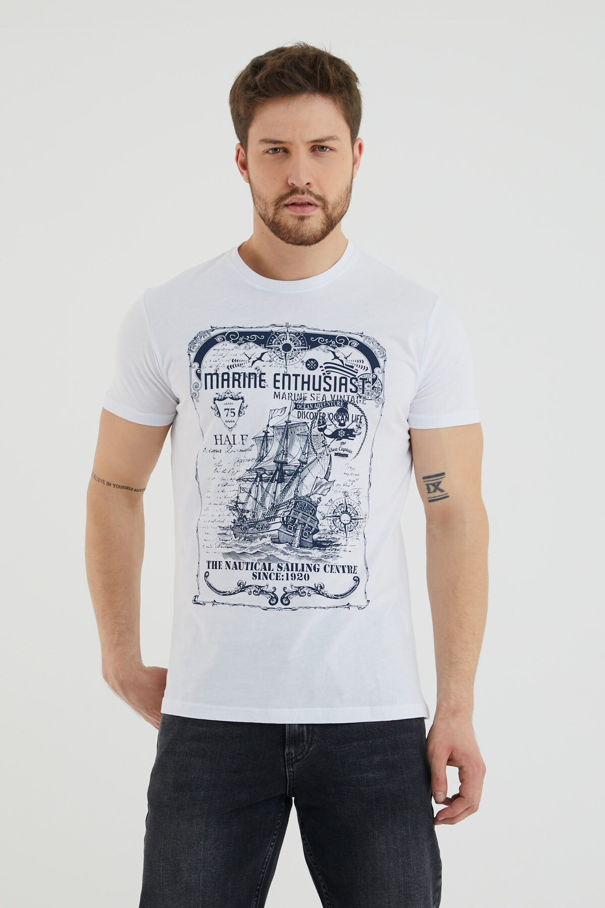 Marıne Enthusıast Yazı Baskılı Bisiklet Yaka Slim Fit Tshirt