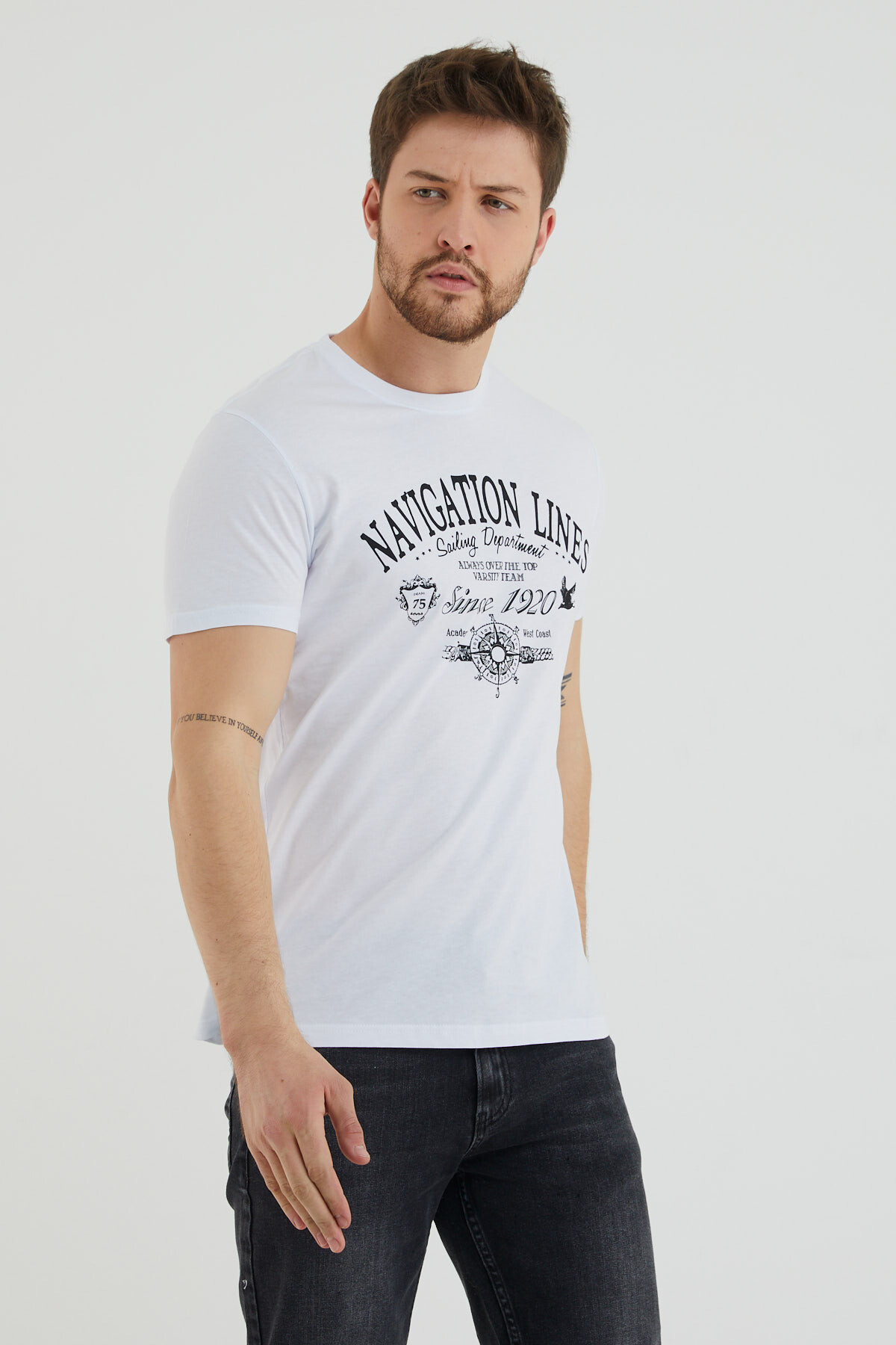 Navıgatıon Lınes Yazılı Baskılı Bisiklet Yaka Slim Fit Tshirt