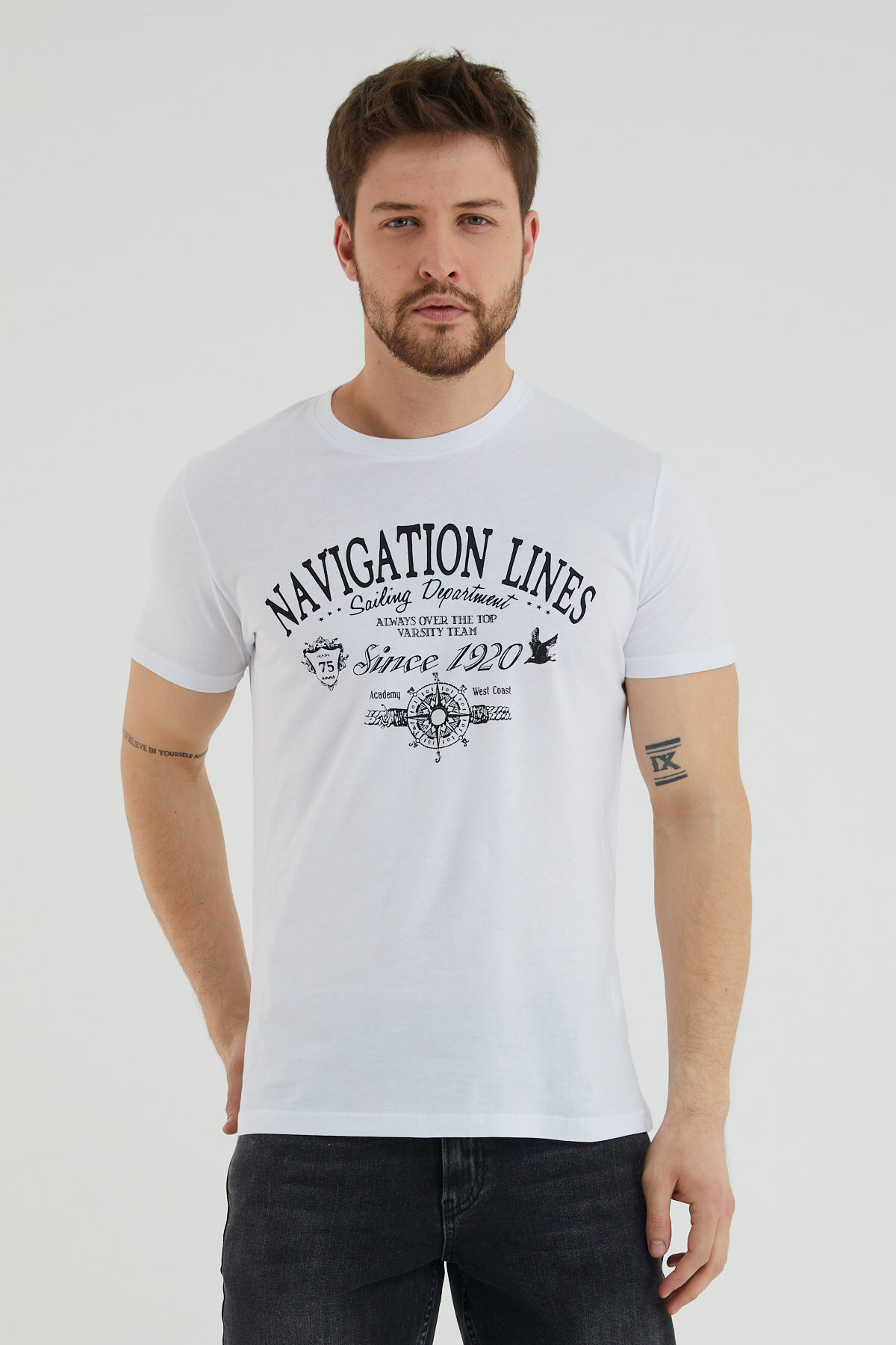 Navıgatıon Lınes Yazılı Baskılı Bisiklet Yaka Slim Fit Tshirt