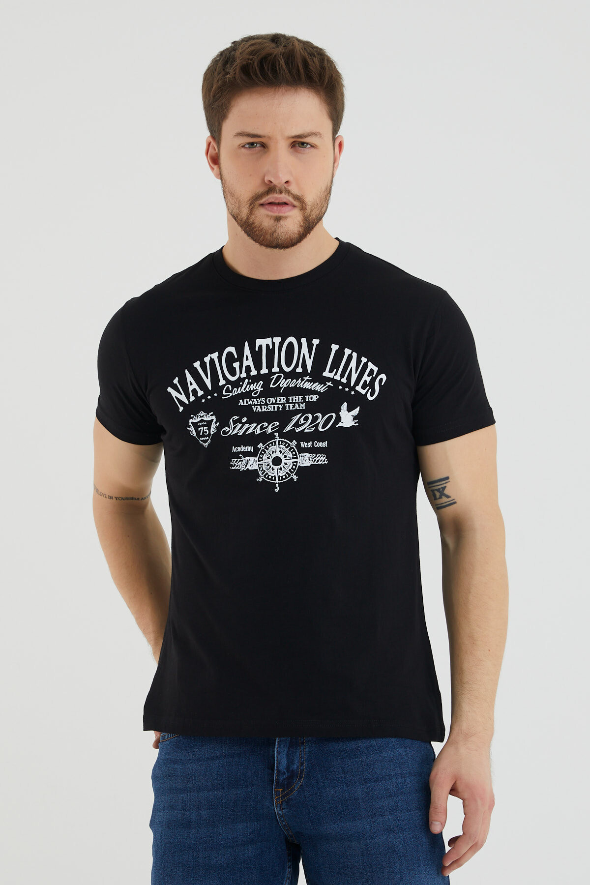 Navıgatıon Lınes Yazılı Baskılı Bisiklet Yaka Slim Fit Tshirt