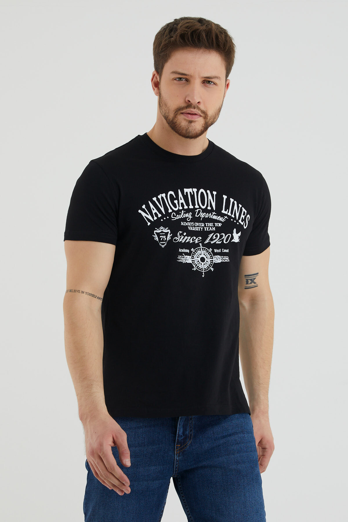 Navıgatıon Lınes Yazılı Baskılı Bisiklet Yaka Slim Fit Tshirt