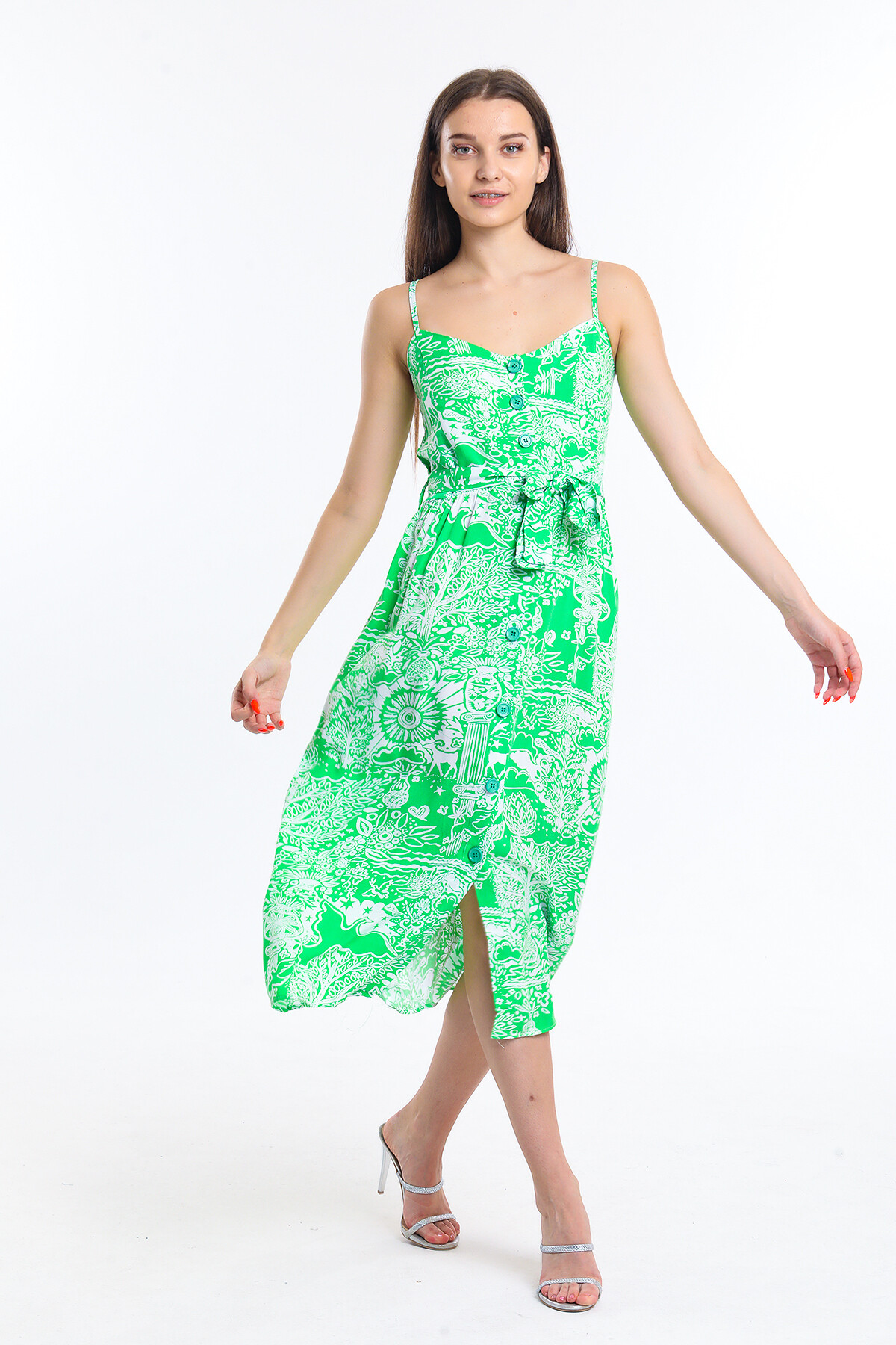 Önü Düğmeli Askılı Desenli Kuşaklı Elbise