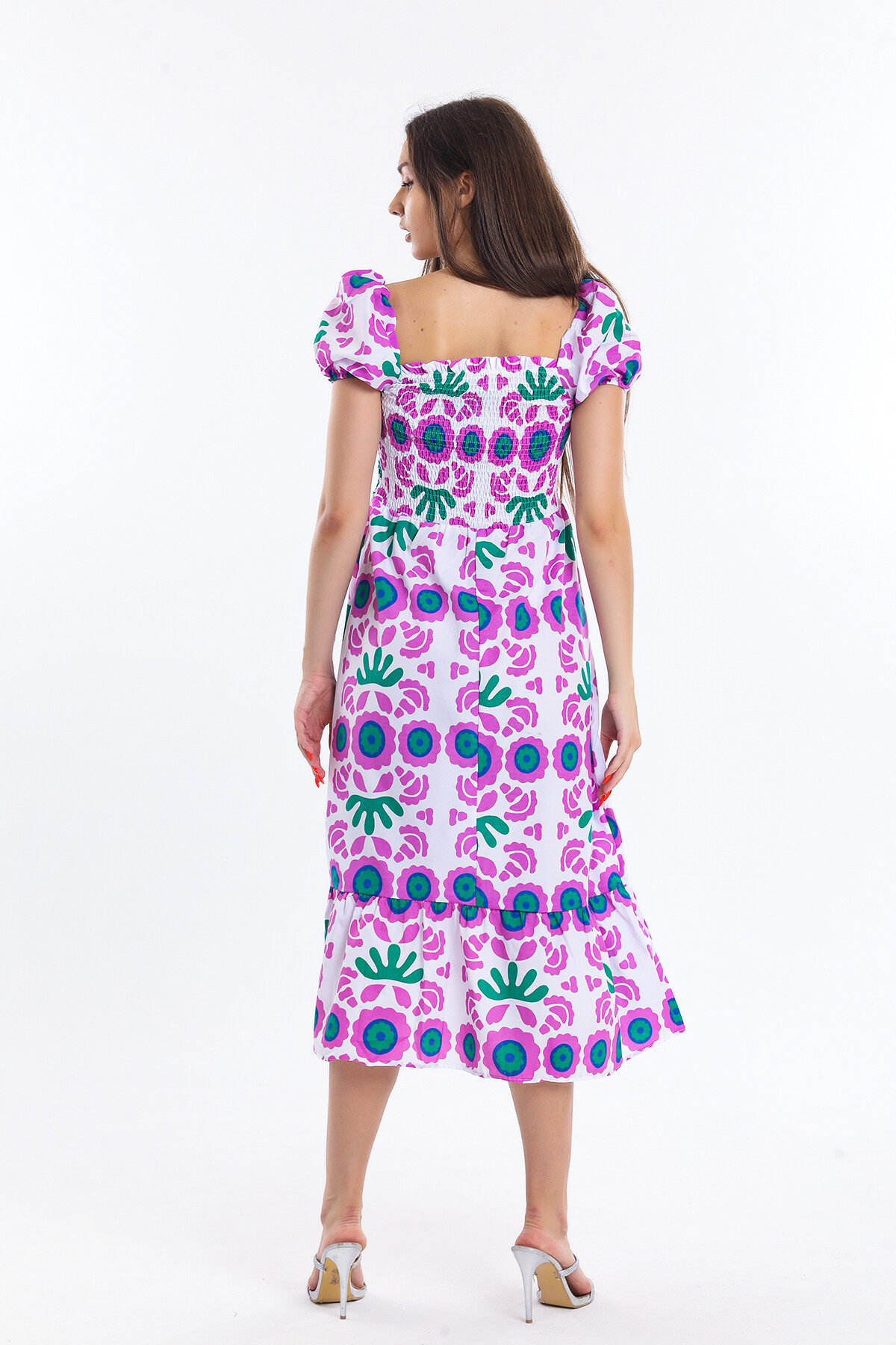 Robası Büzgülü Balon Kol Desenli Uzun Elbise