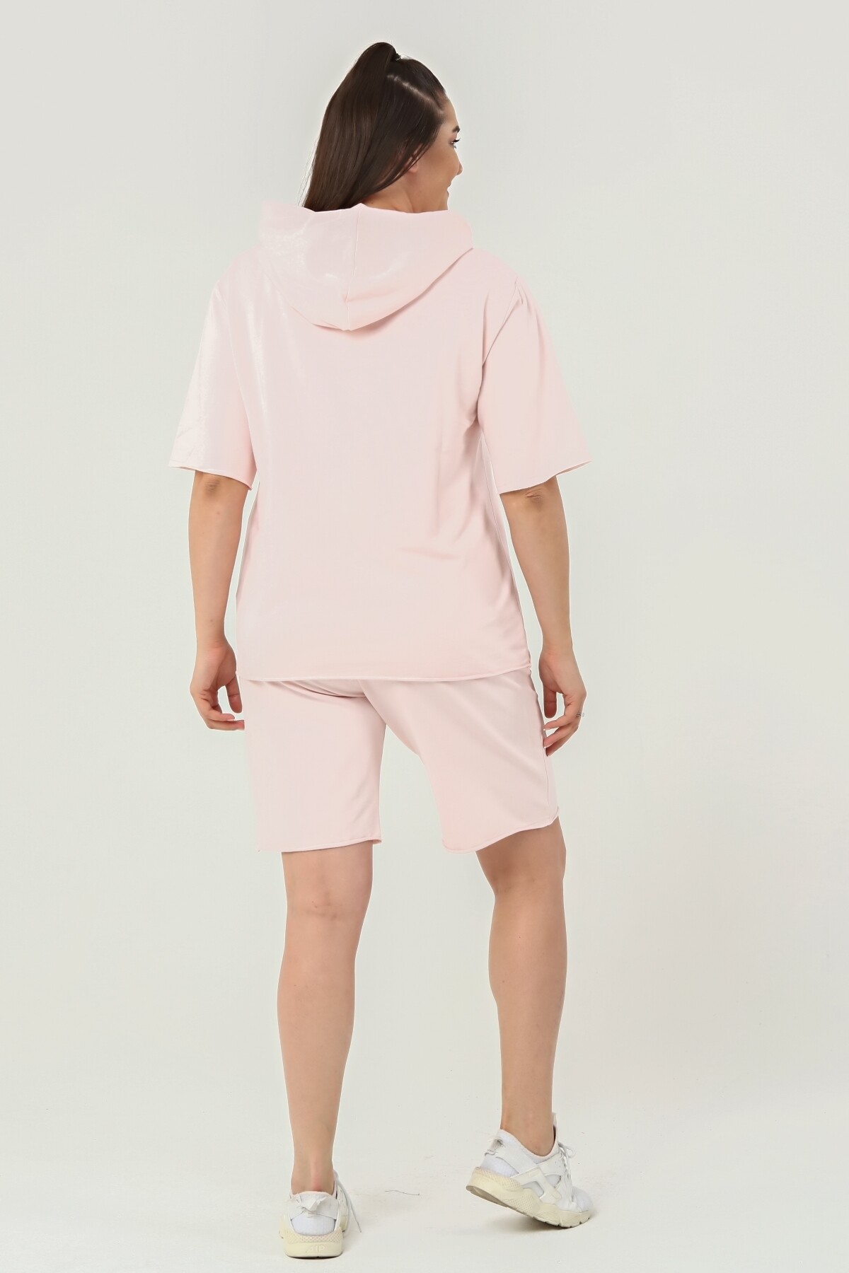 Taş İşlemeli Kapuşonlu Büyük Beden Şort Takım