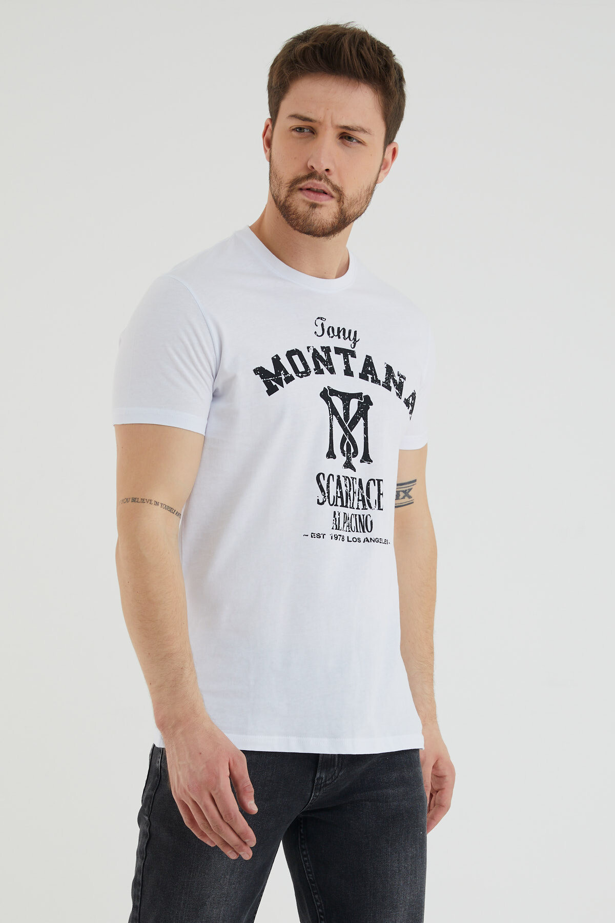 Tony Montana Yazılı Baskılı Bisiklet Yaka Slim Fit Tshirt